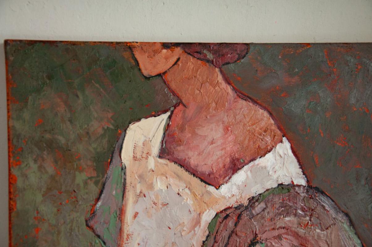 SOLA ENTRE ARBUSTOS DE ROSAS - PINTURA FIGURATIVA DE MUJER SOBRE LIENZO 2