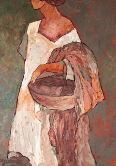 SOLA ENTRE ARBUSTOS DE ROSAS - PINTURA FIGURATIVA DE MUJER SOBRE LIENZO