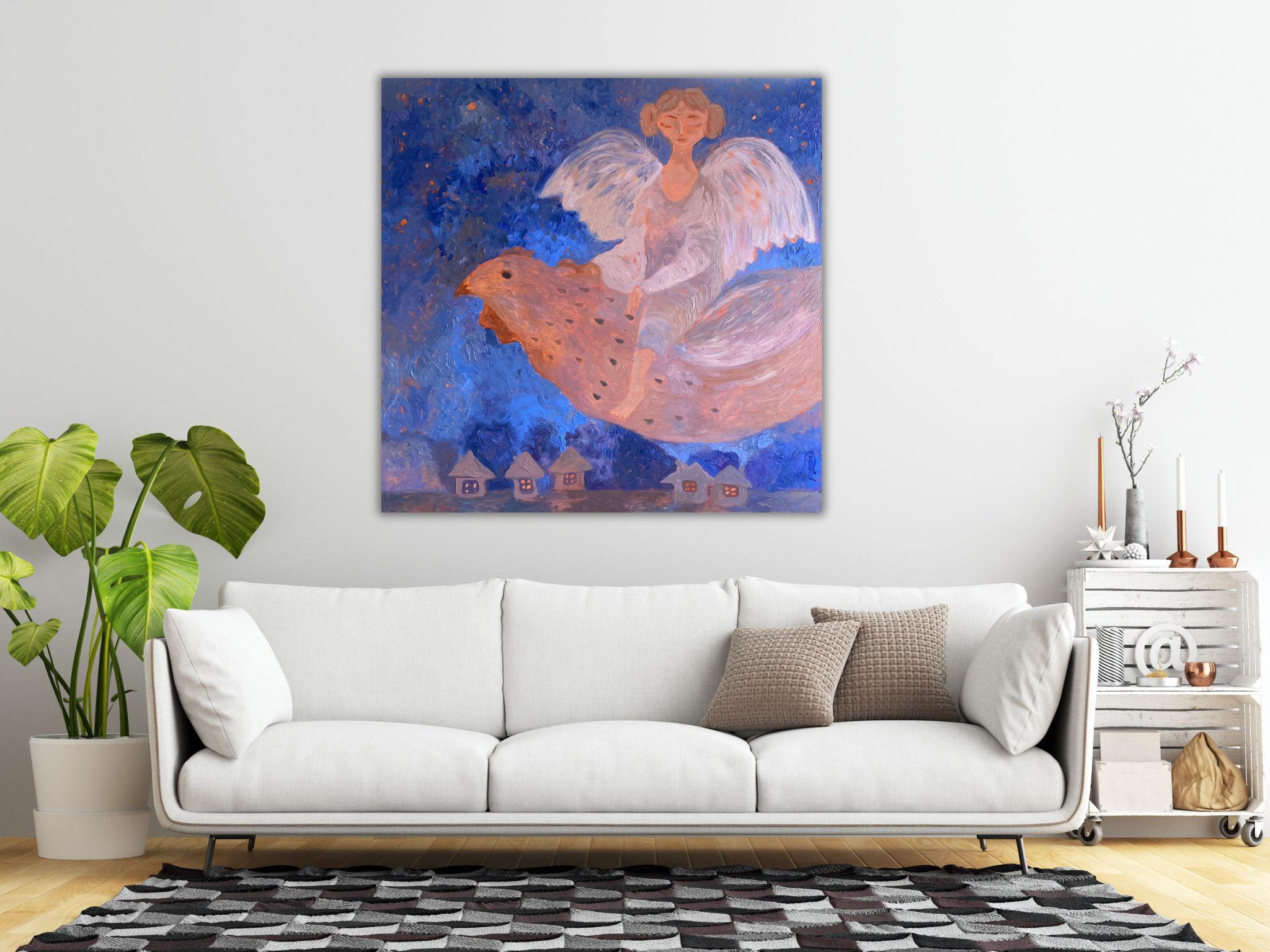 Angel Painting - BLUE DREAM STORY, oil on canvas - 36*34in (90*85cm) For Sale 11