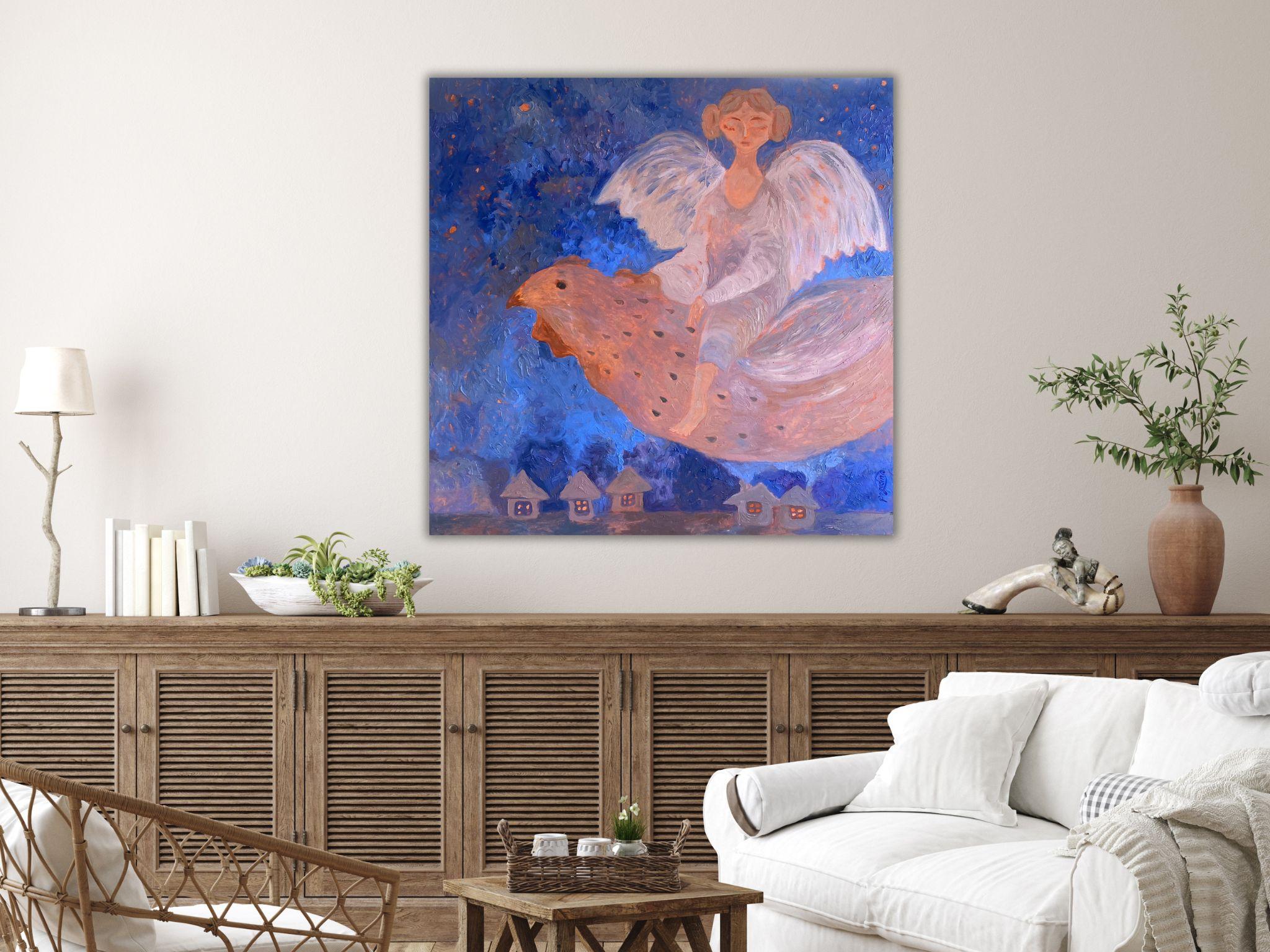 Angel Painting - BLUE DREAM STORY, oil on canvas - 36*34in (90*85cm) For Sale 13