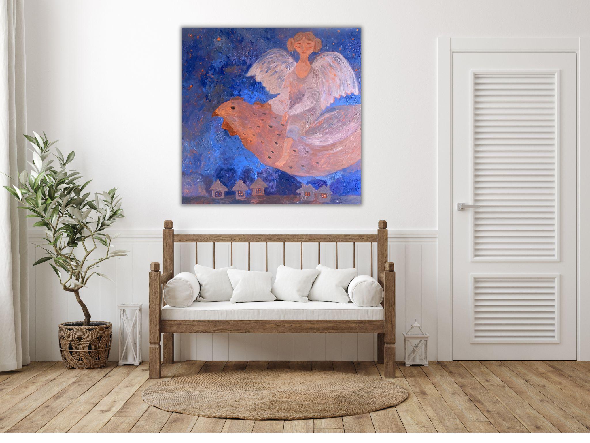 Angel Painting - BLUE DREAM STORY, oil on canvas - 36*34in (90*85cm) For Sale 14