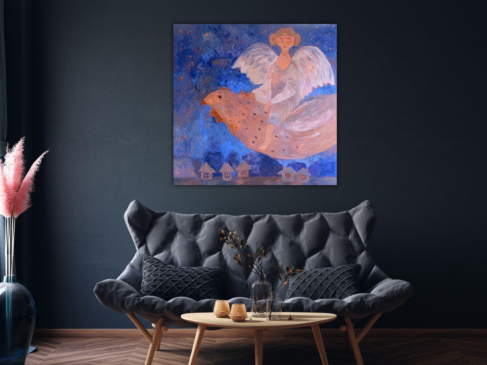 Angel Gemälde – BLUE DREAM STORY, Öl auf Leinwand – 36*34in (90*85cm) – Painting von Dasha Pogodina