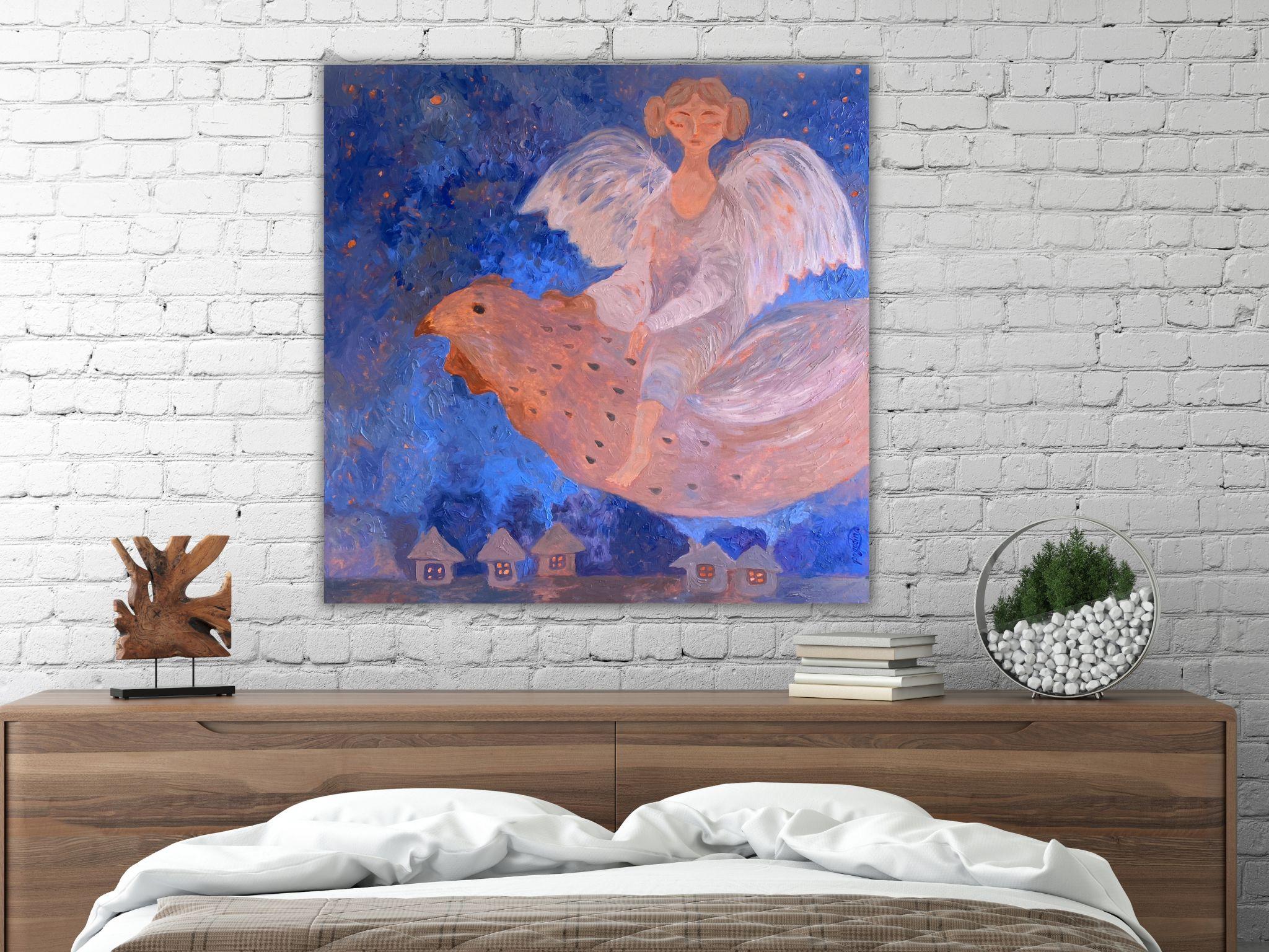 Peinture d'ange - BLUE DREAM STORY, huile sur toile - 36*34in (90*85cm) - Bleu Landscape Painting par Dasha Pogodina