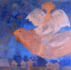 Vintage Angel Painting - BLUE DREAM STORY, oil on canvas - 36*34in (90*85cm)