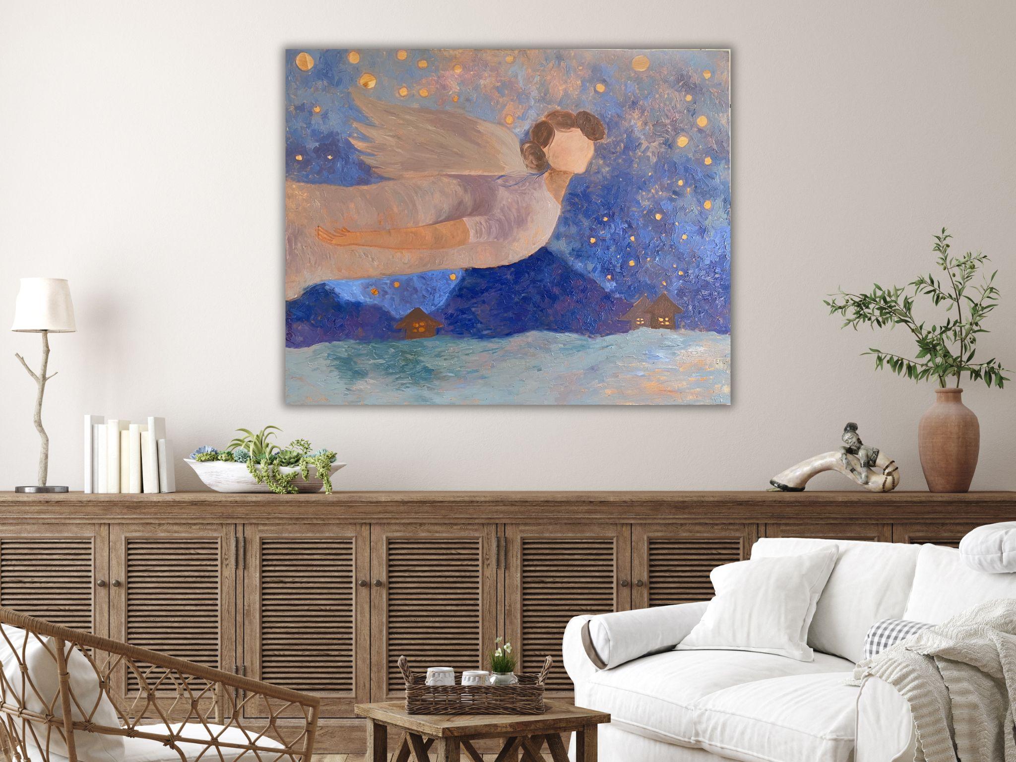 Angel Painting - BLUE DREAM STORY, oil on canvas - 40*32in (100*80cm) For Sale 14