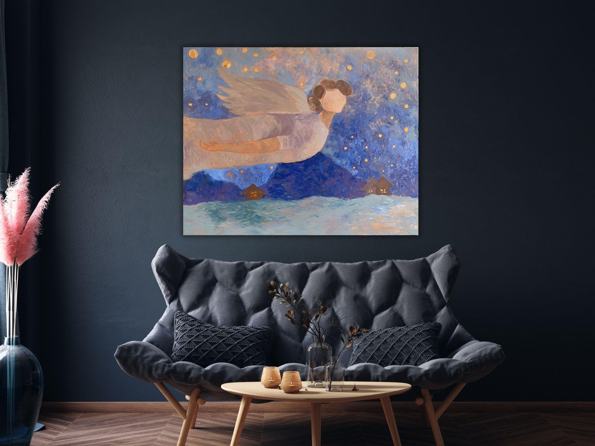 Angel Gemälde – BLUE DREAM STORY, Öl auf Leinwand – 40*32in (100*80cm) – Painting von Dasha Pogodina