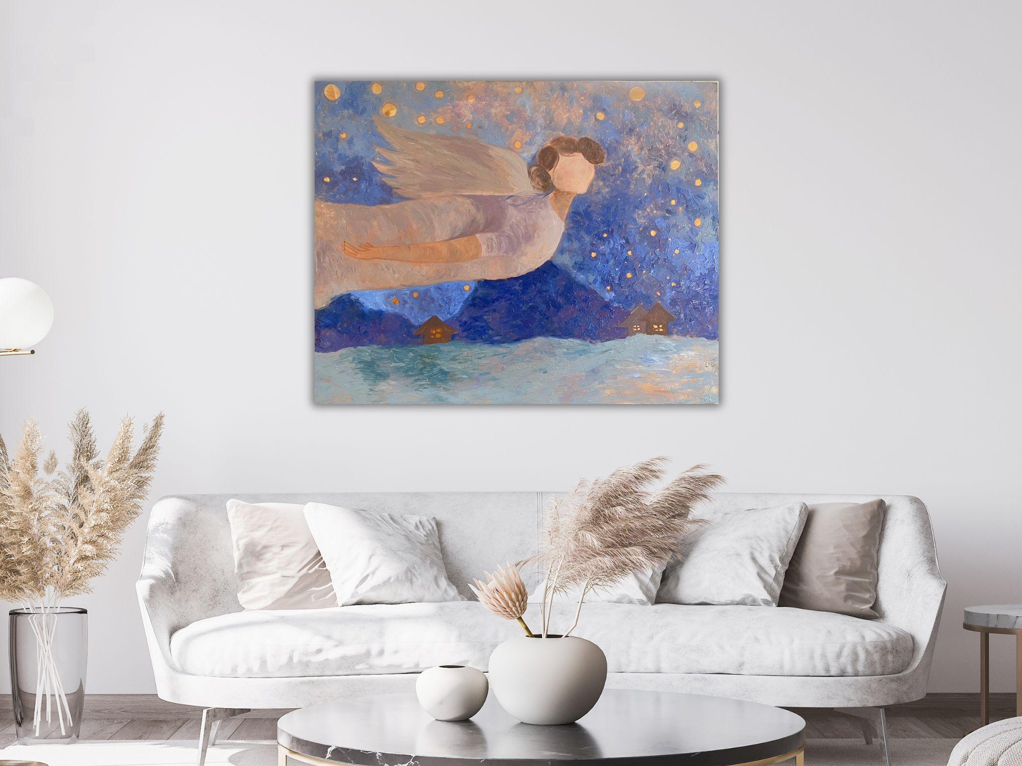 Angel Gemälde – BLUE DREAM STORY, Öl auf Leinwand – 40*32in (100*80cm) (Impressionismus), Painting, von Dasha Pogodina