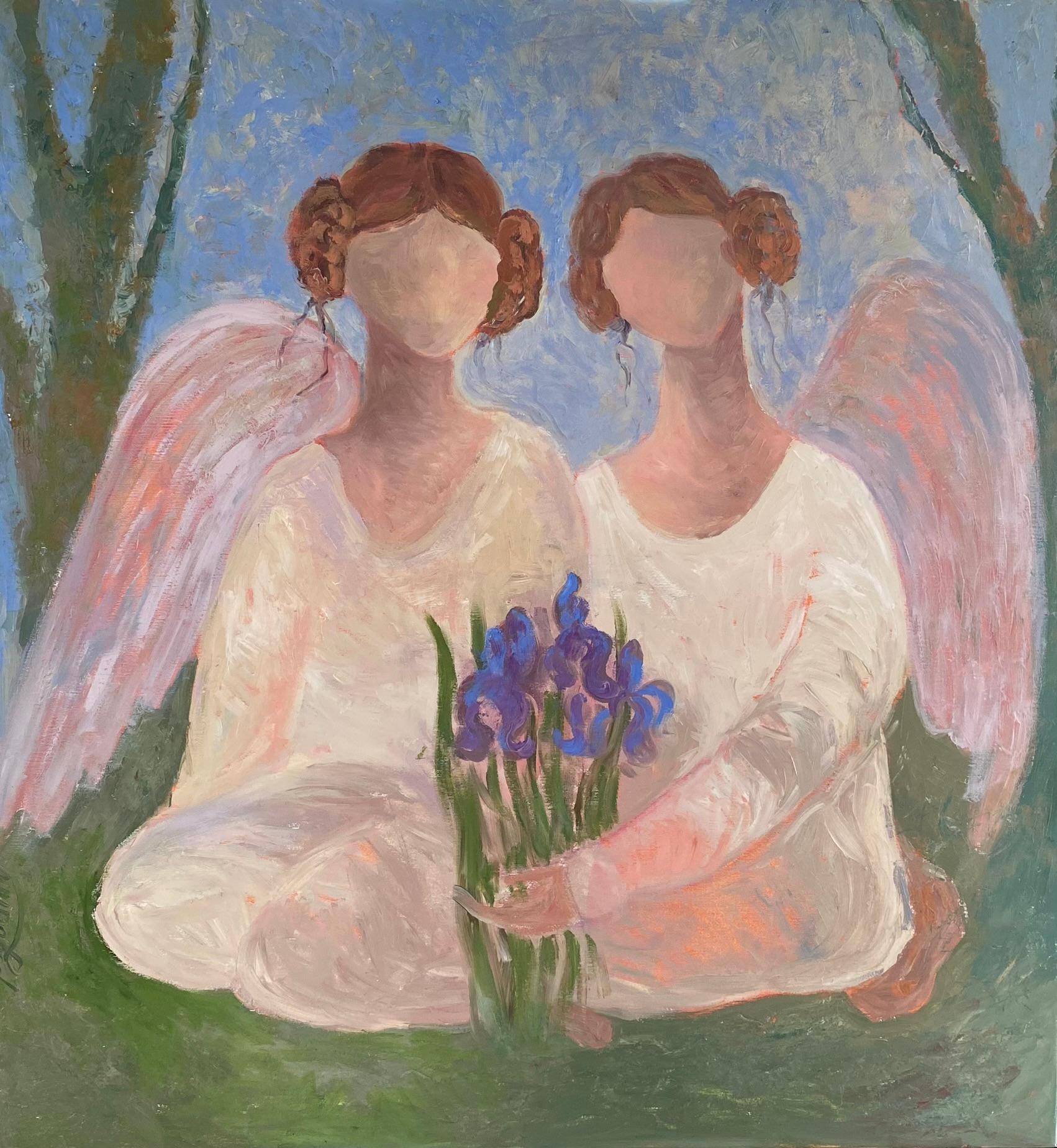 Angel Painting - SECRET GARDEN STORY, oil on canvas - 32*34in (80*85cm) For Sale 7