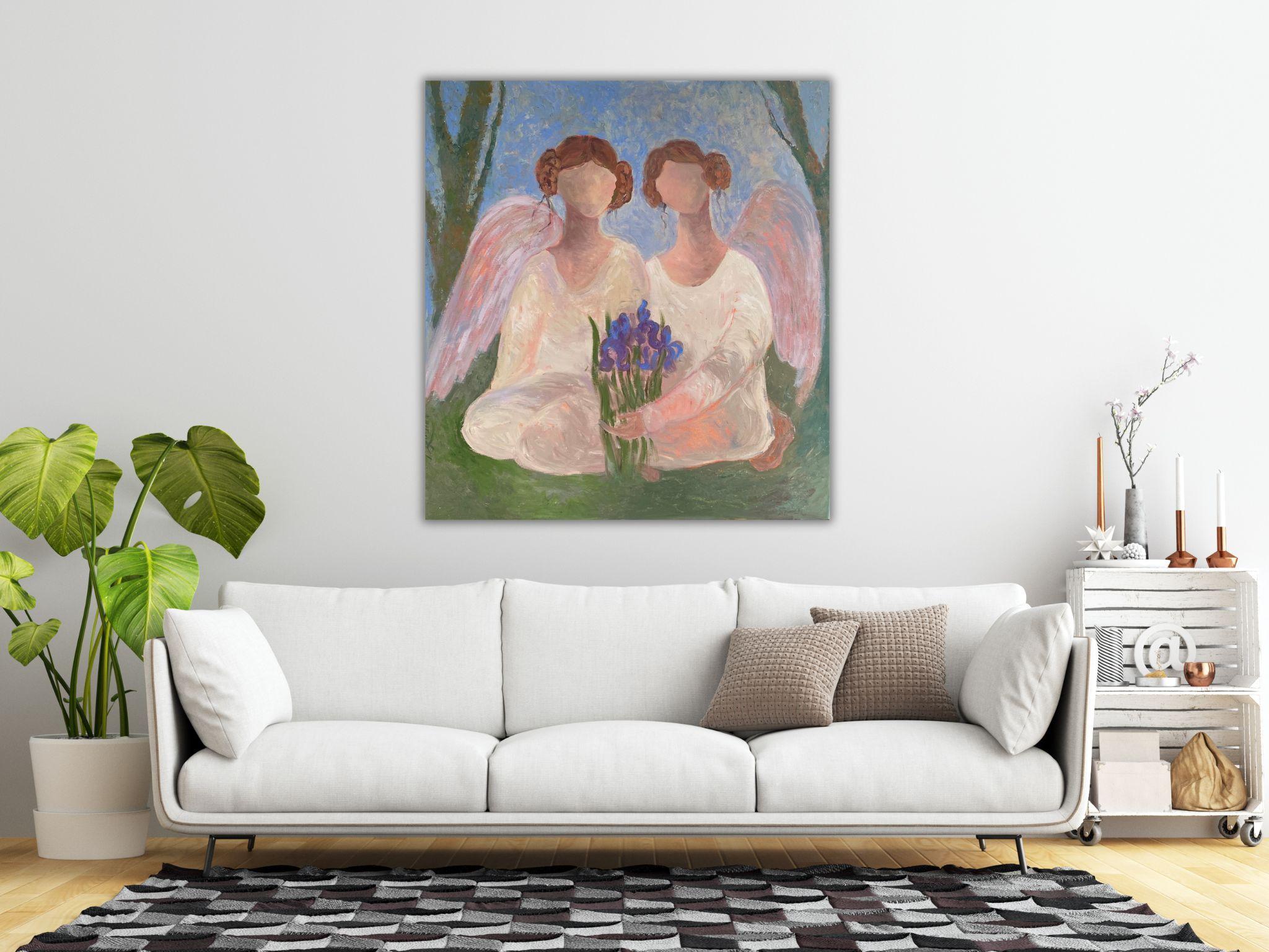 Angel Painting - SECRET GARDEN STORY, oil on canvas - 32*34in (80*85cm) For Sale 10
