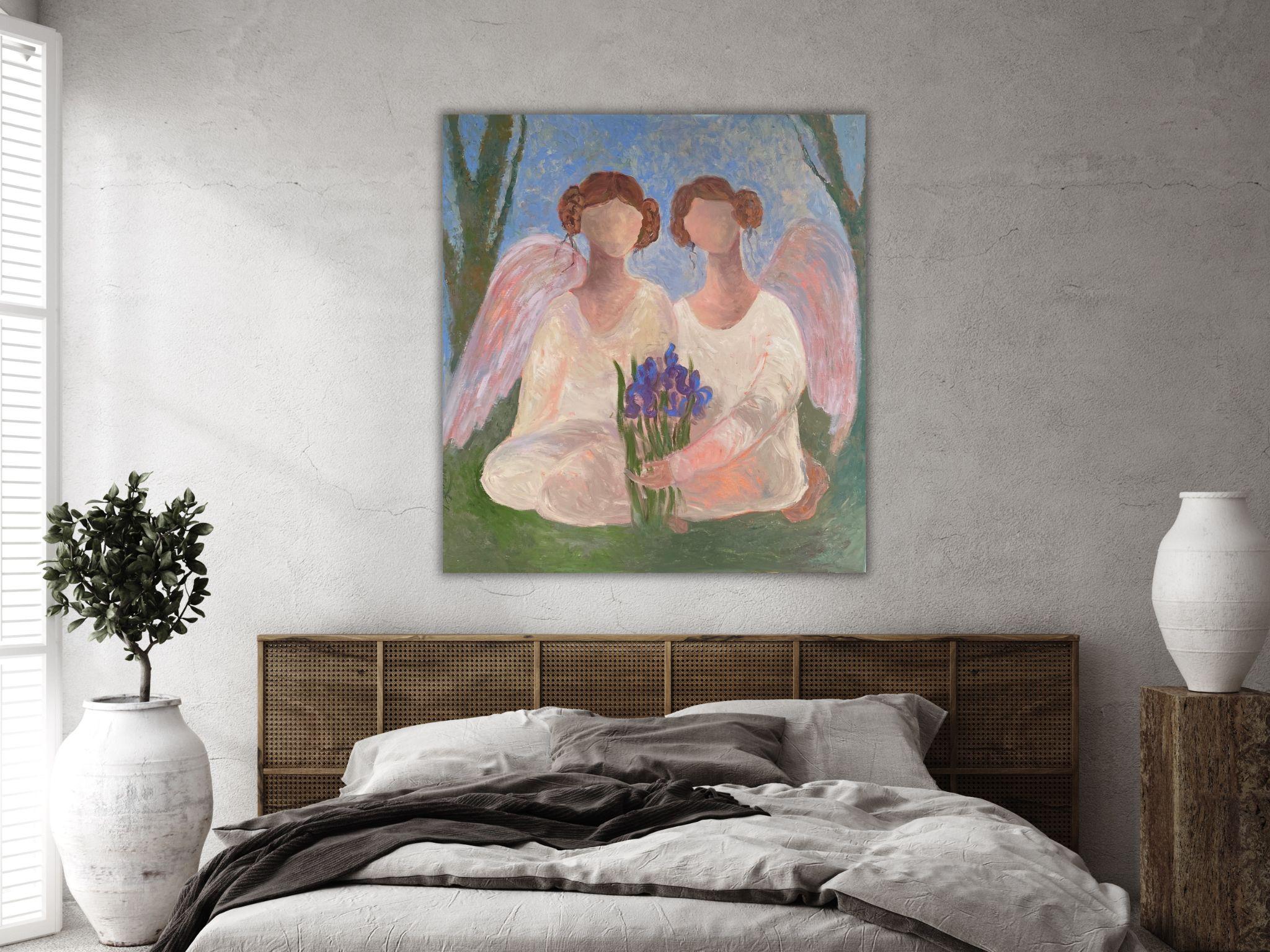 Angel Painting - SECRET GARDEN STORY, oil on canvas - 32*34in (80*85cm) For Sale 11