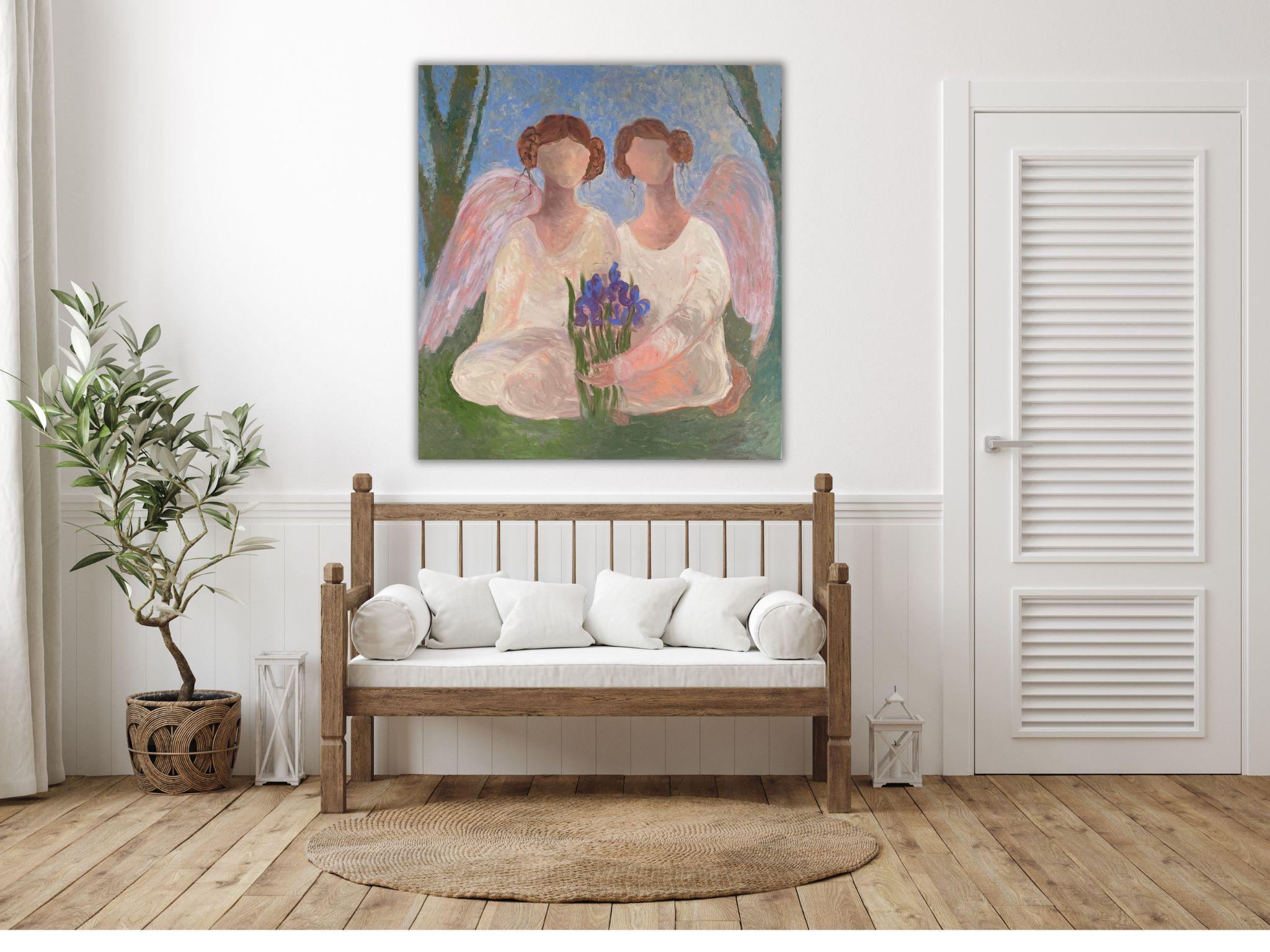 Angel Painting - SECRET GARDEN STORY, oil on canvas - 32*34in (80*85cm) For Sale 12