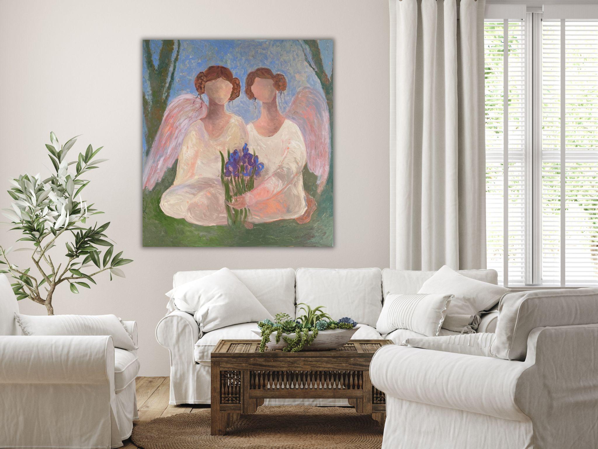 Angel Painting - SECRET GARDEN STORY, oil on canvas - 32*34in (80*85cm) For Sale 12