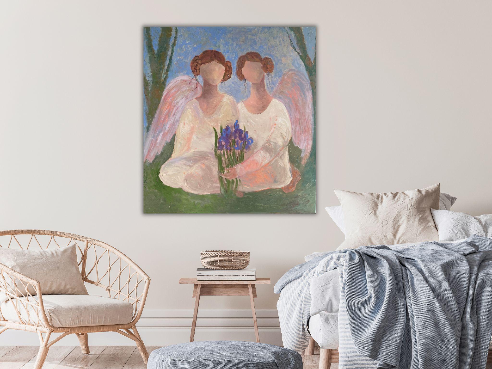 Angel Painting - SECRET GARDEN STORY, oil on canvas - 32*34in (80*85cm) For Sale 14
