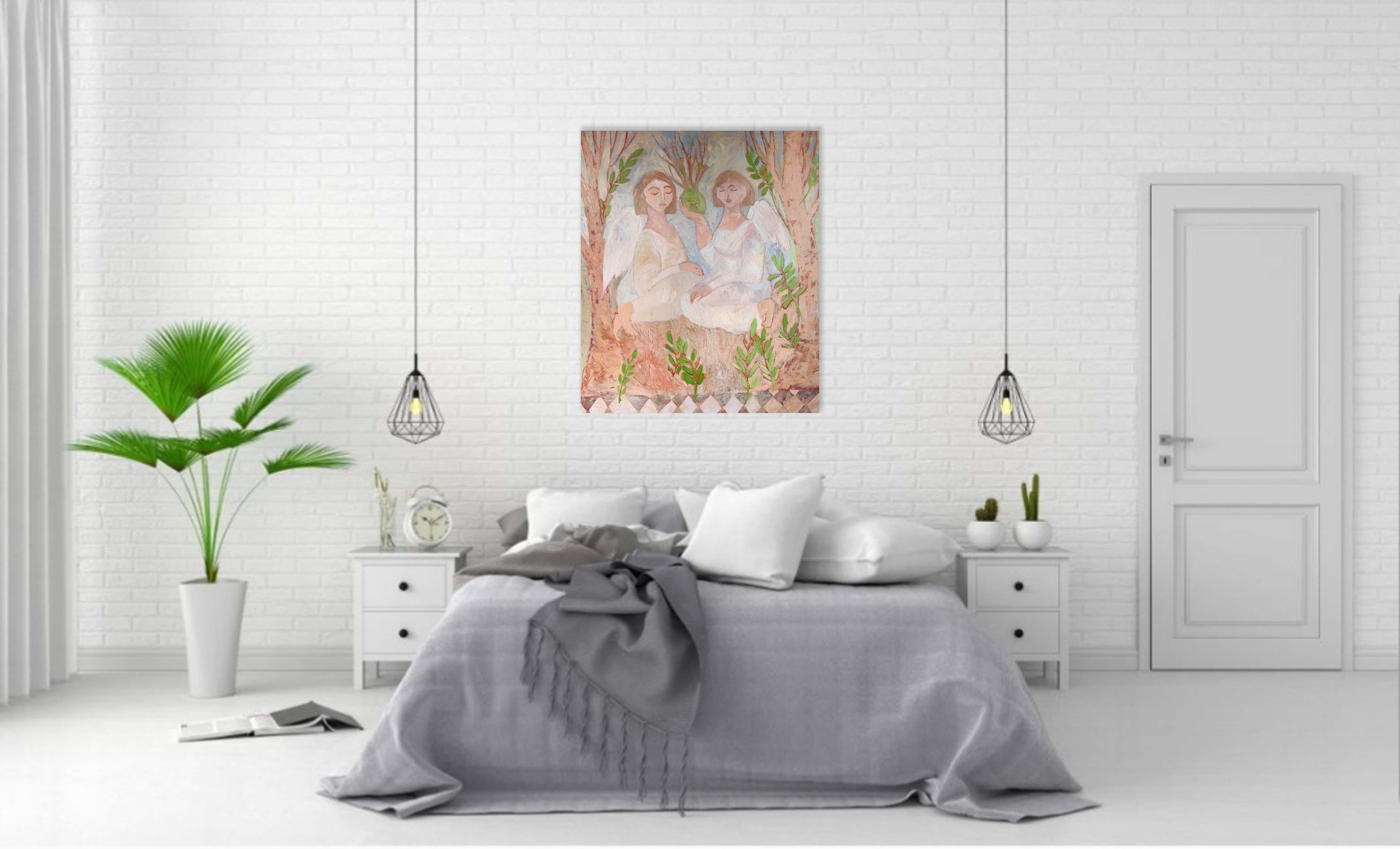 Angeli Arte Moderna, tela, olio - GARDENS ANGEL - 40x32in (100*80) cm - Painting di Dasha Pogodina
