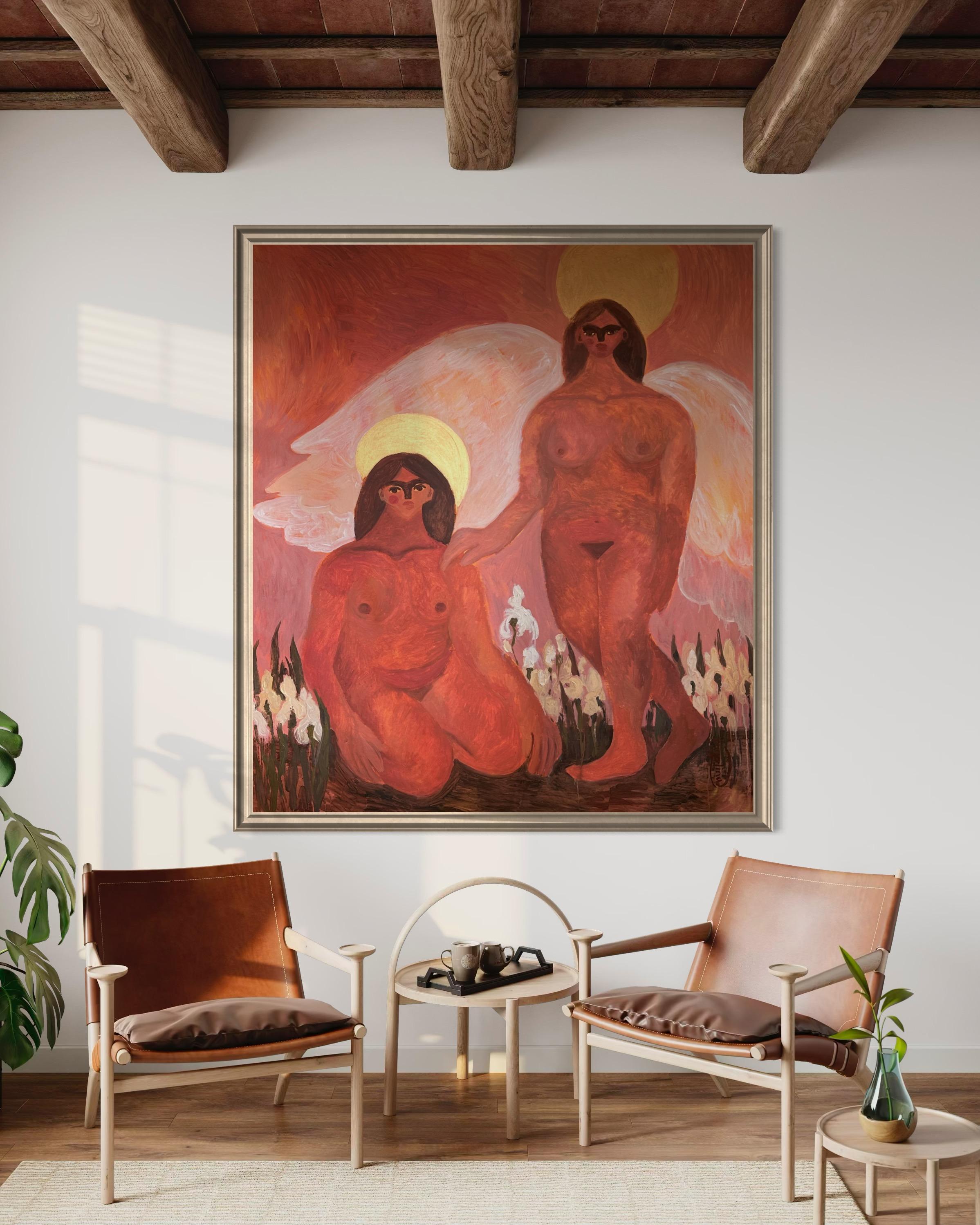 ÜBER DAS KUNSTWERK
Verkündigung Ich bin bei dir, mein Lieber
 Aus der Serie Perichoresis
Dieses Werk fängt den metaphysischen Moment der Unterstützung, der Präsenz und des stillen Verständnisses zwischen zwei Figuren ein - eine kniet, die andere