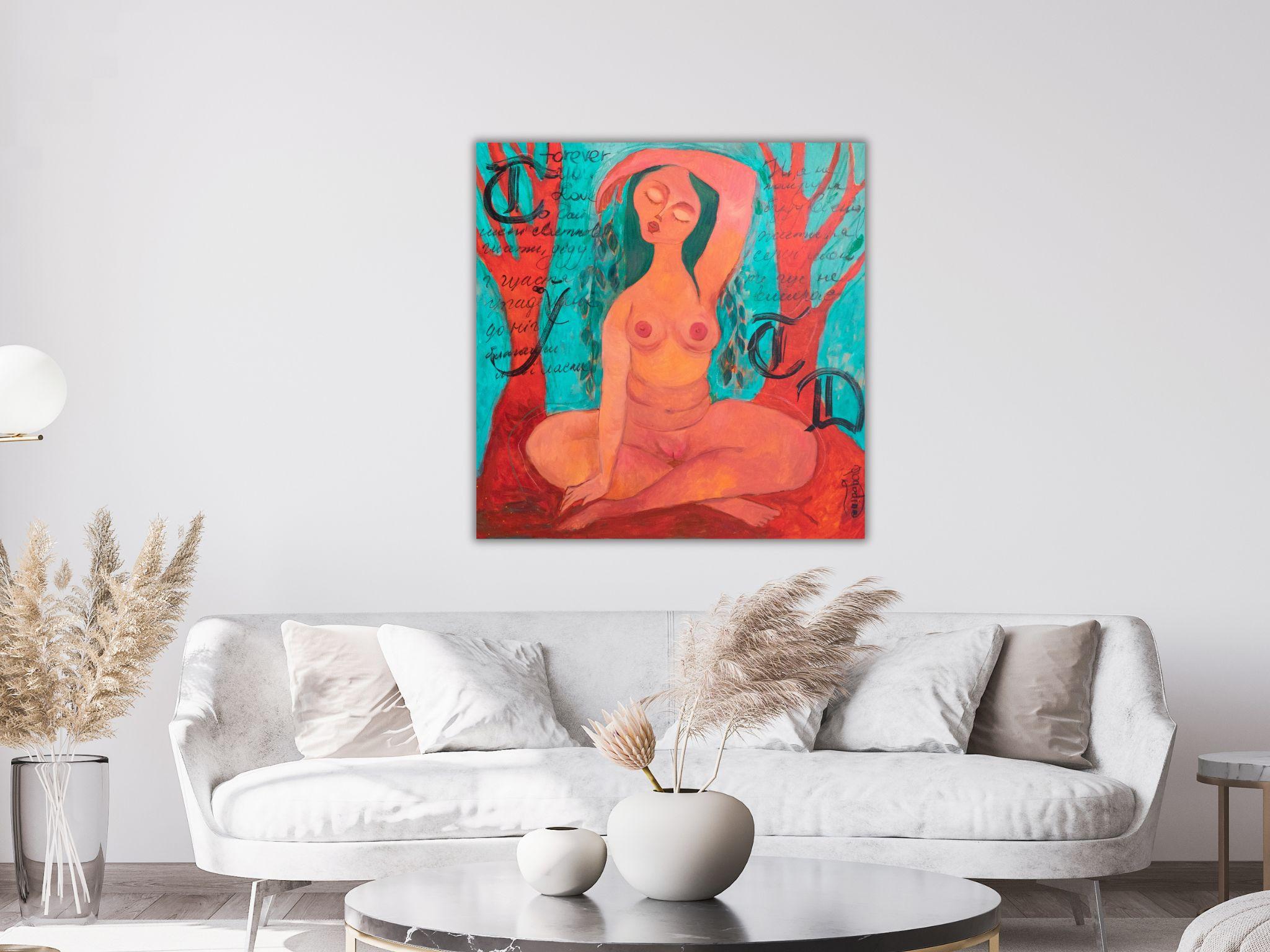 Colorful figurative painting with woman and trees. Driada - I feel the Earth For Sale 10