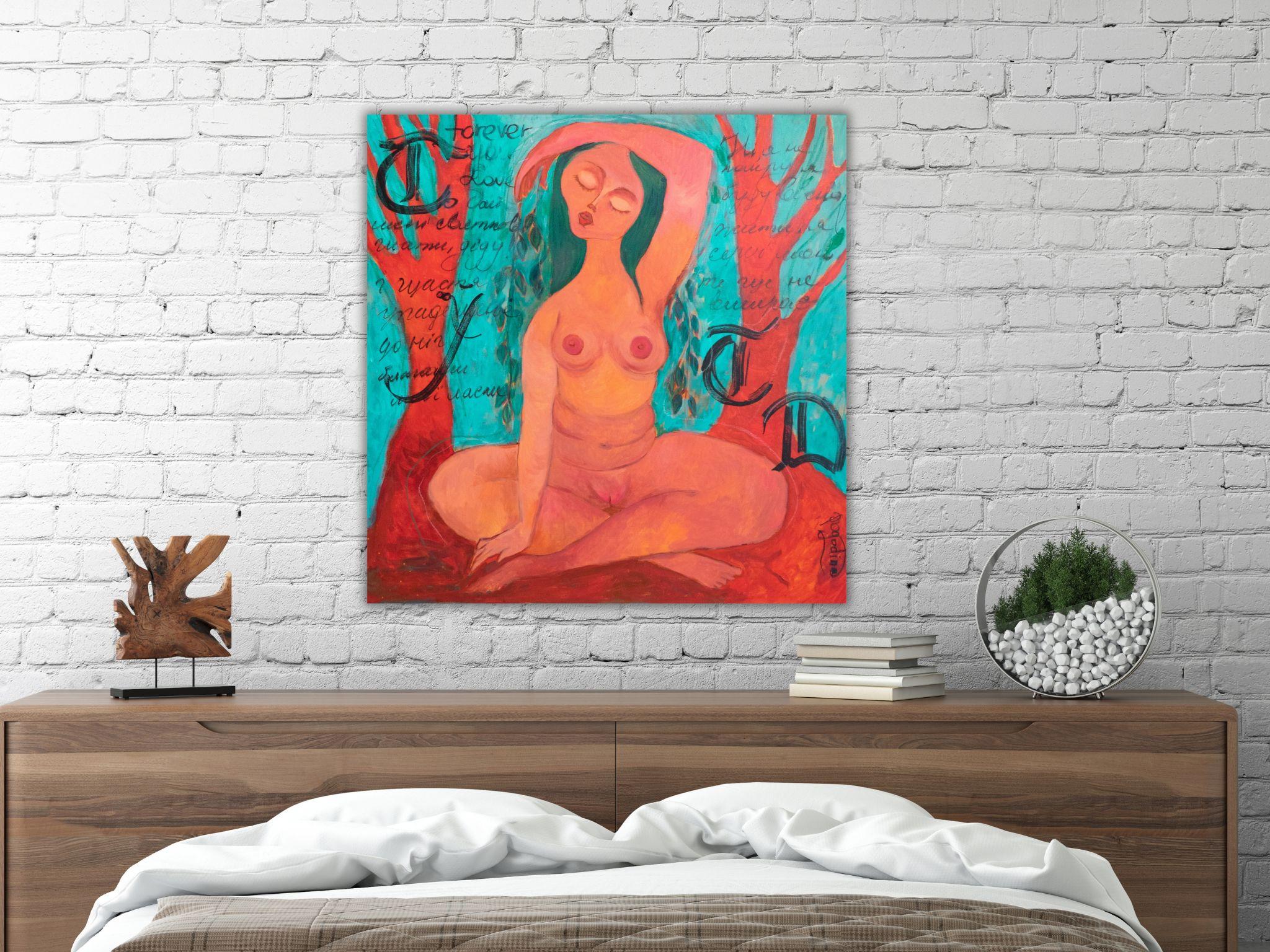 Colorful figurative painting with woman and trees. Driada - I feel the Earth For Sale 11