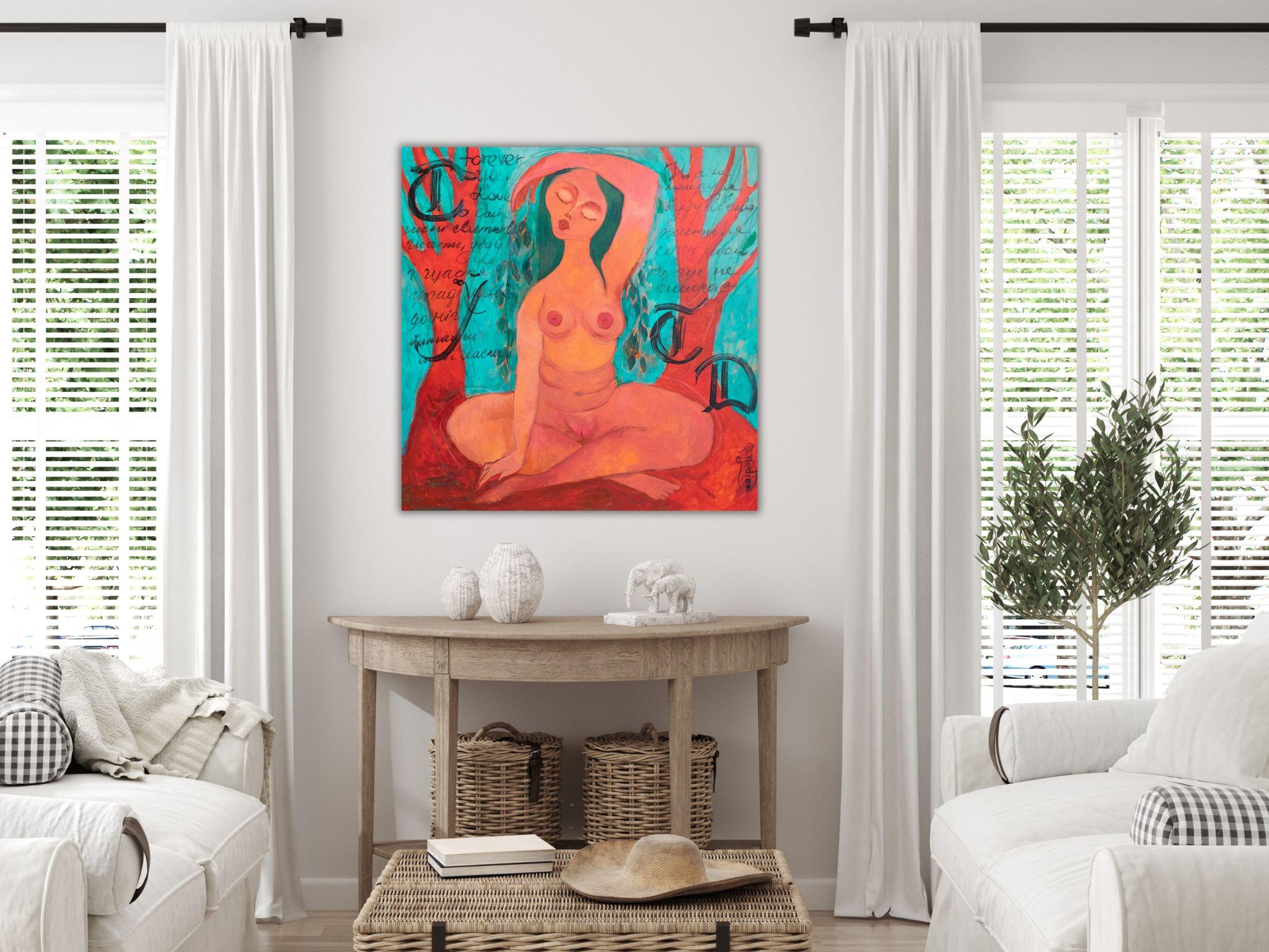 Colorful figurative painting with woman and trees. Driada - I feel the Earth For Sale 12