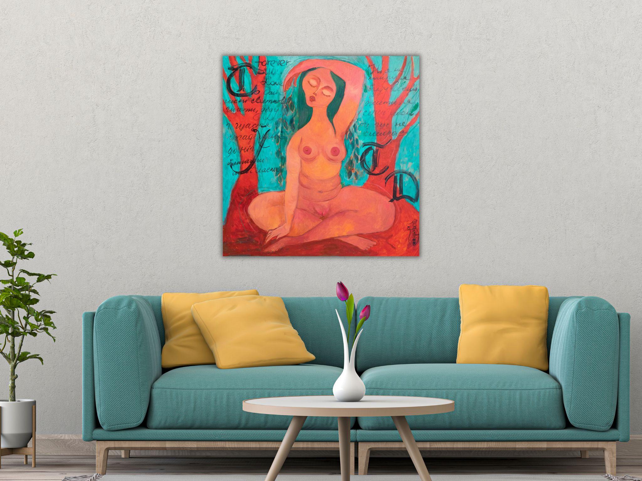 Colorful figurative painting with woman and trees. Driada - I feel the Earth For Sale 13