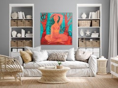 Colorful figurative painting with woman and trees. Driada - I feel the Earth