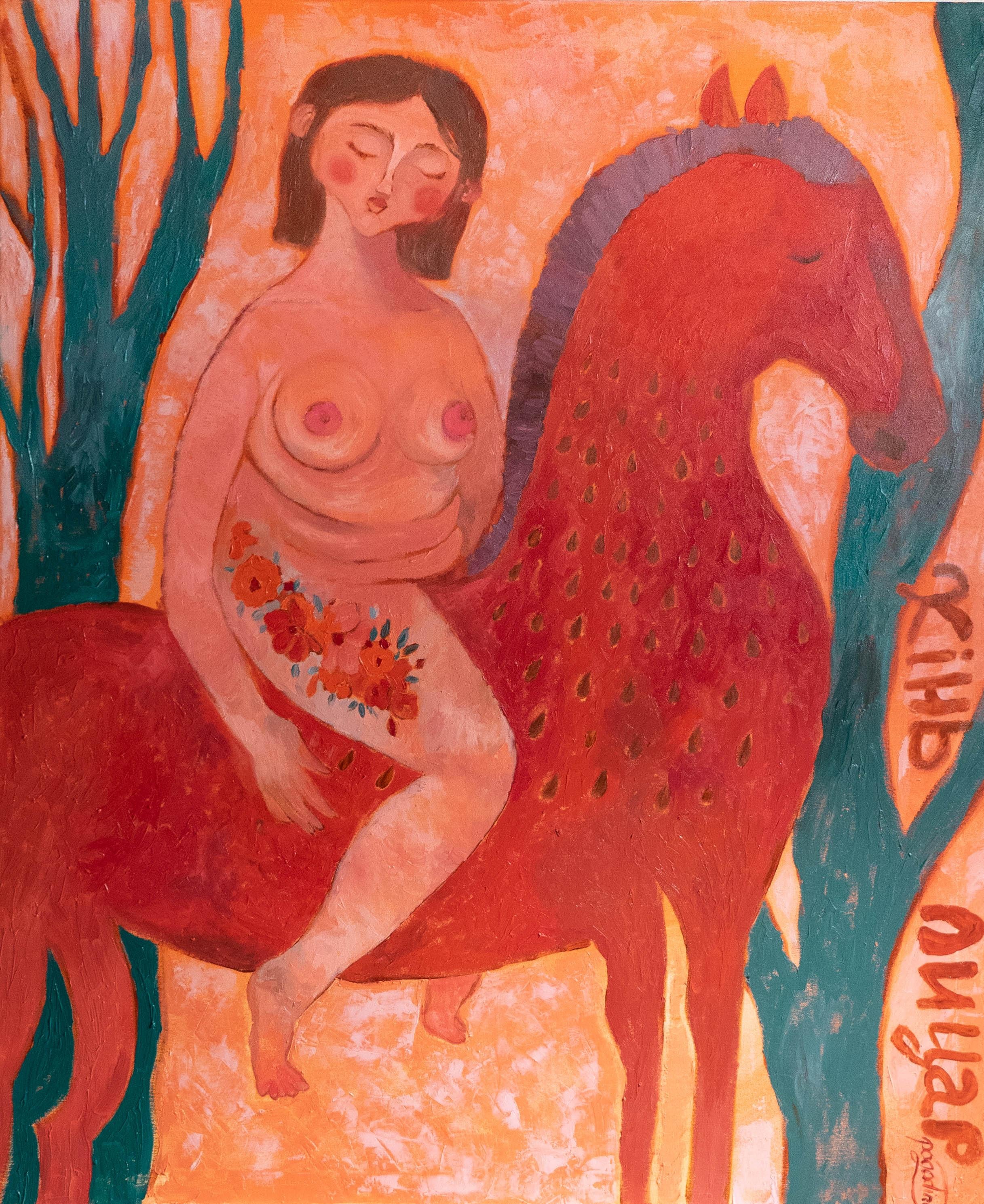 ÜBER DAS KUNSTWERK

"Ich habe das Pferd. Am I a Knight?" webt eine Erzählung über Selbsterkundung und Identität. Die zentrale Figur, eine Frau auf einem majestätischen Pferd, ist mit warmen, erdigen Terrakotta- und Siena-Tönen gemalt, die ihre