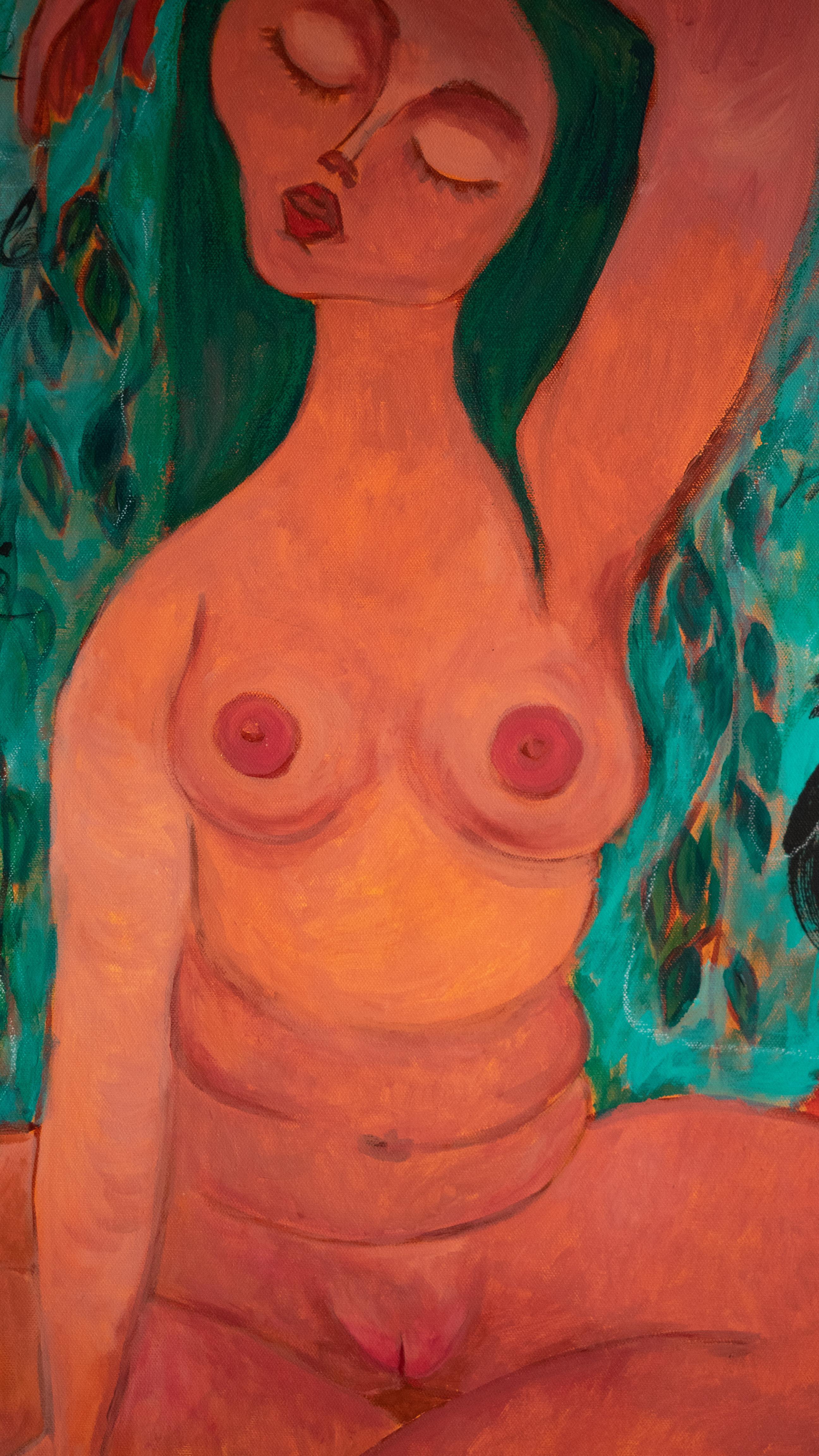 Colorful figurative painting with woman and trees. Driada - I feel the Earth For Sale 1