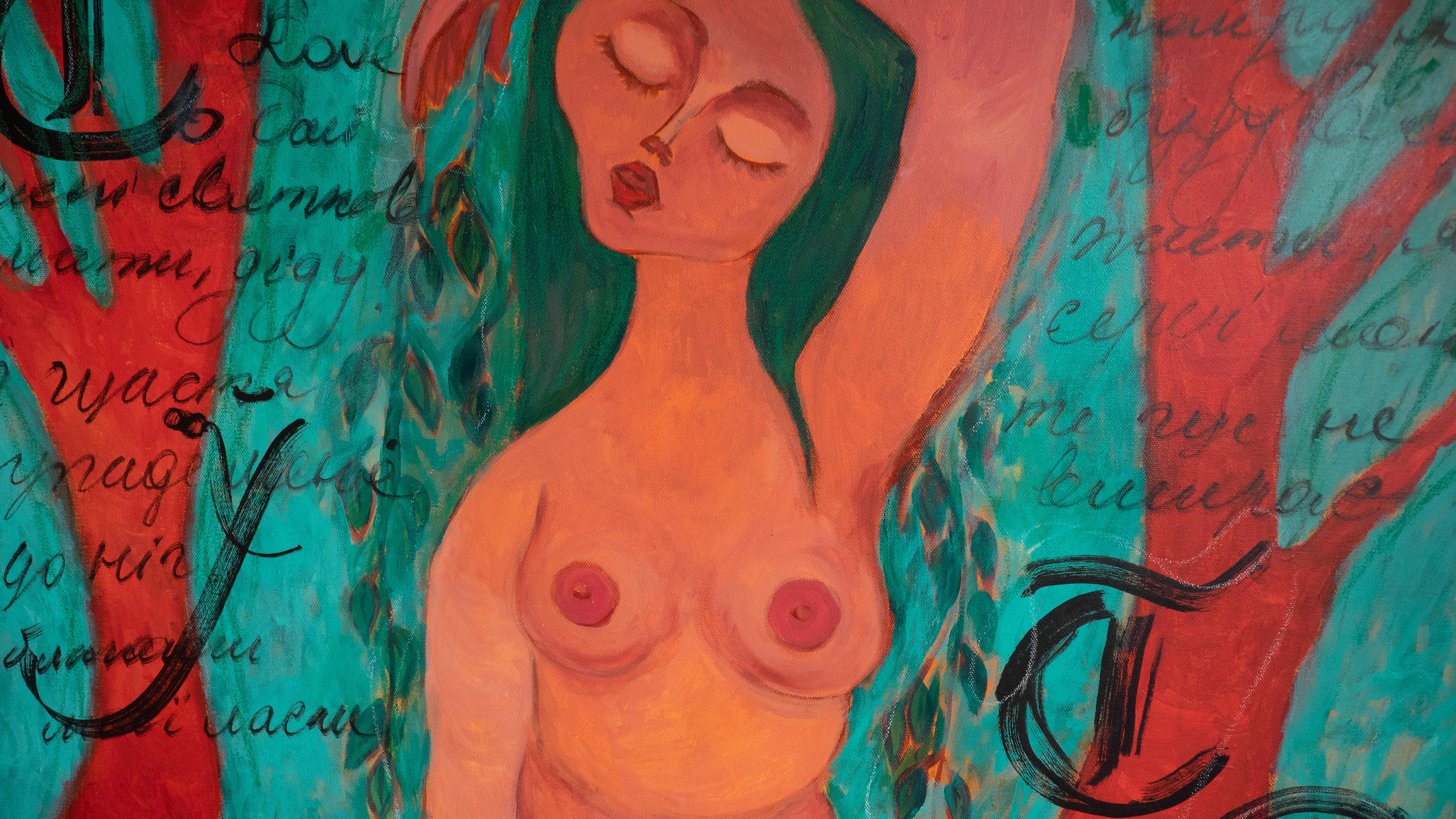 Colorful figurative painting with woman and trees. Driada - I feel the Earth For Sale 6