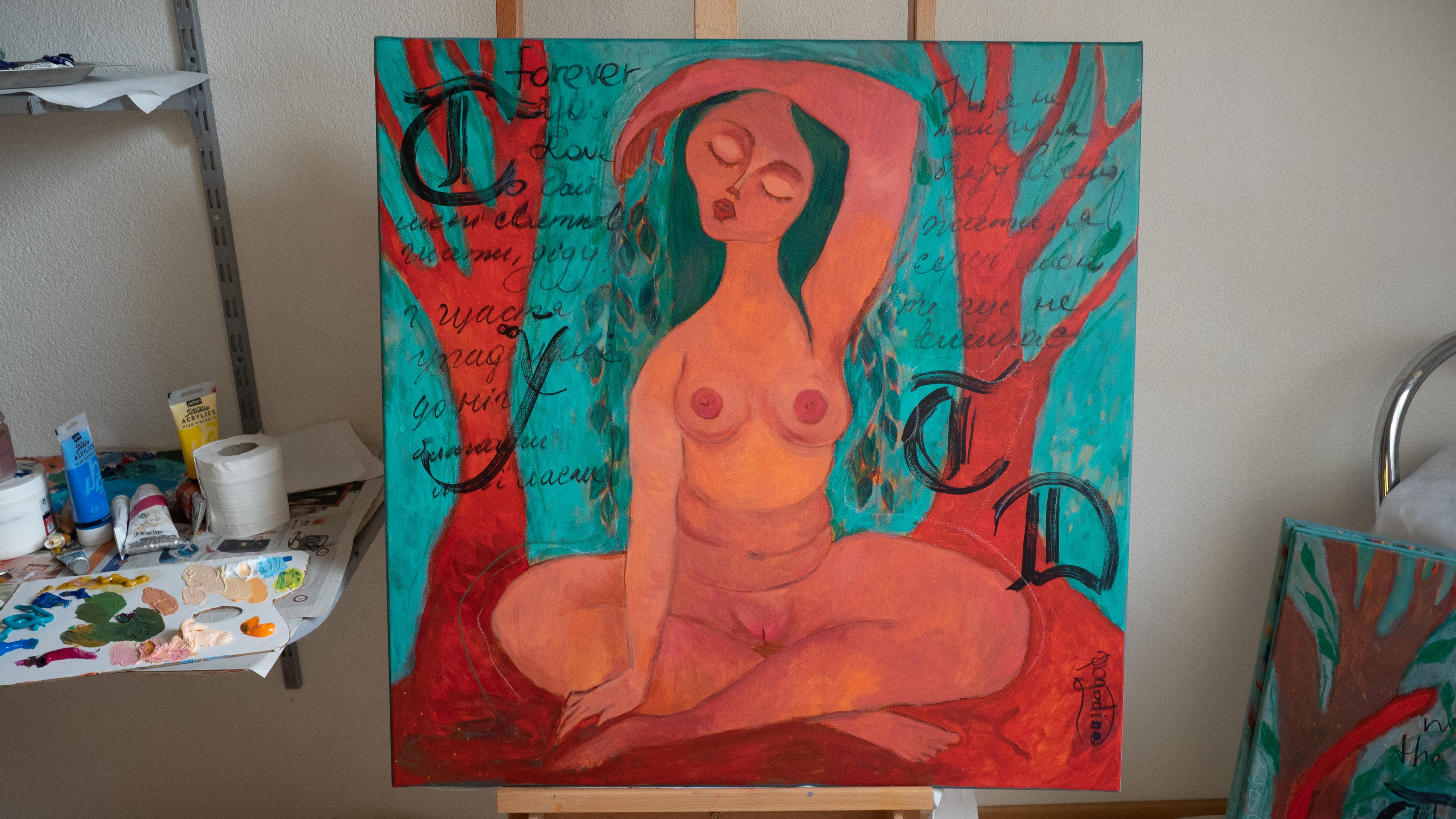 Colorful figurative painting with woman and trees. Driada - I feel the Earth For Sale 8