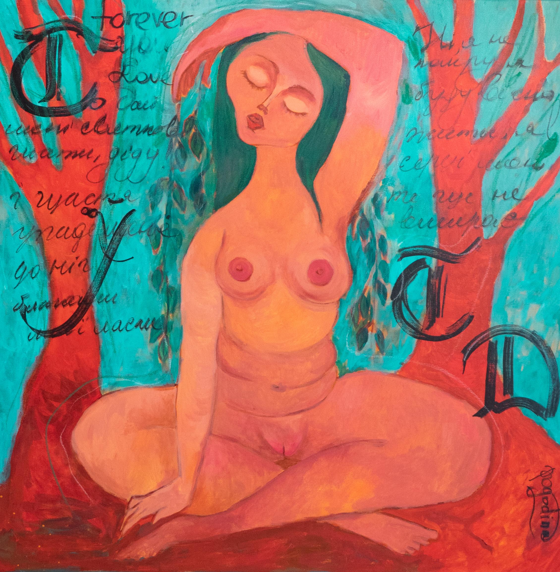 Buntes figuratives Gemälde mit Frau und Bäumen. Driada – Ich fühle die Erde