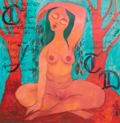 Colorful figurative painting with woman and trees. Driada - I feel the Earth