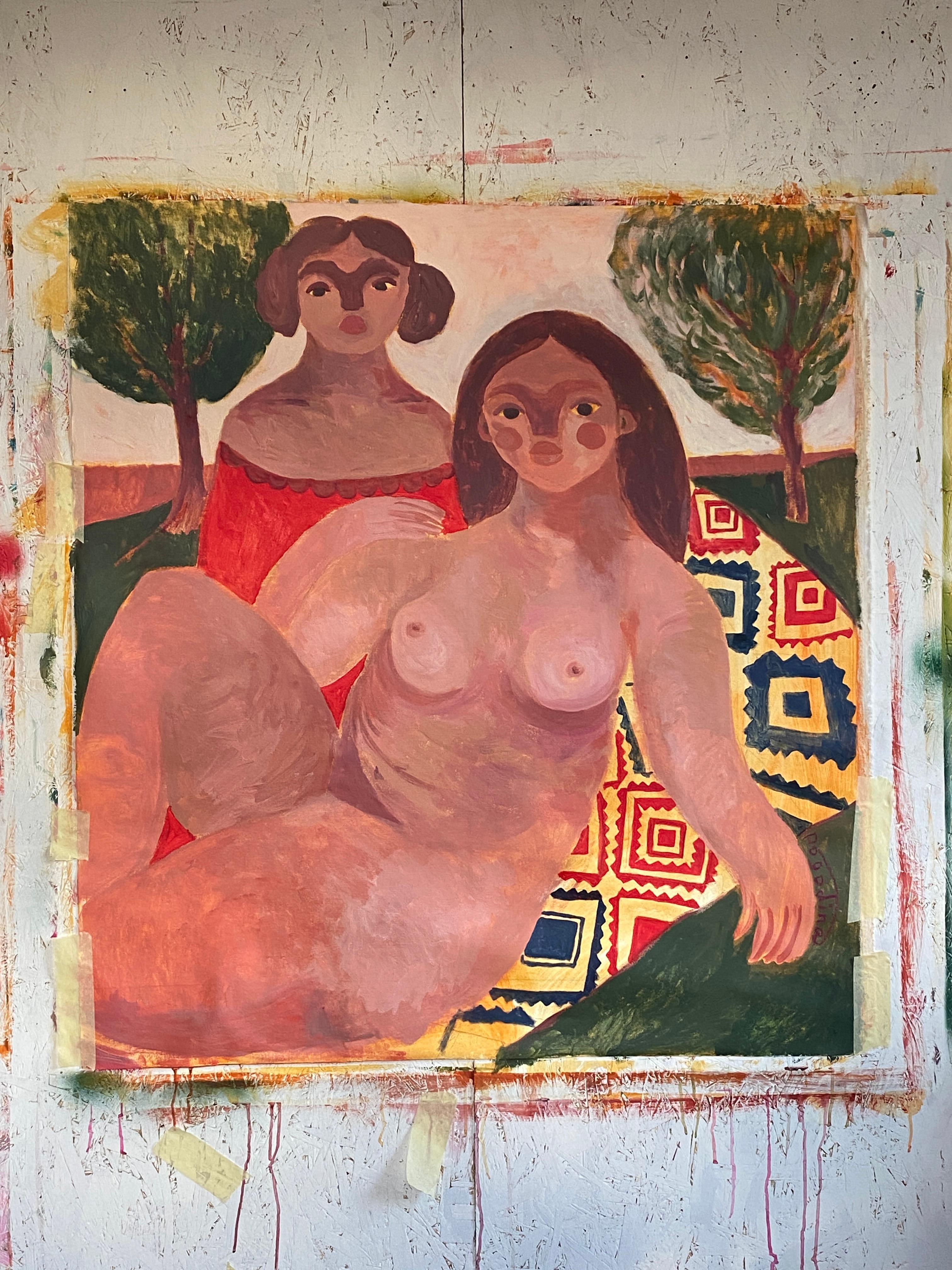 Family Tapestry: Grandma and Sister’s Picnic - Painting by Dasha Pogodina