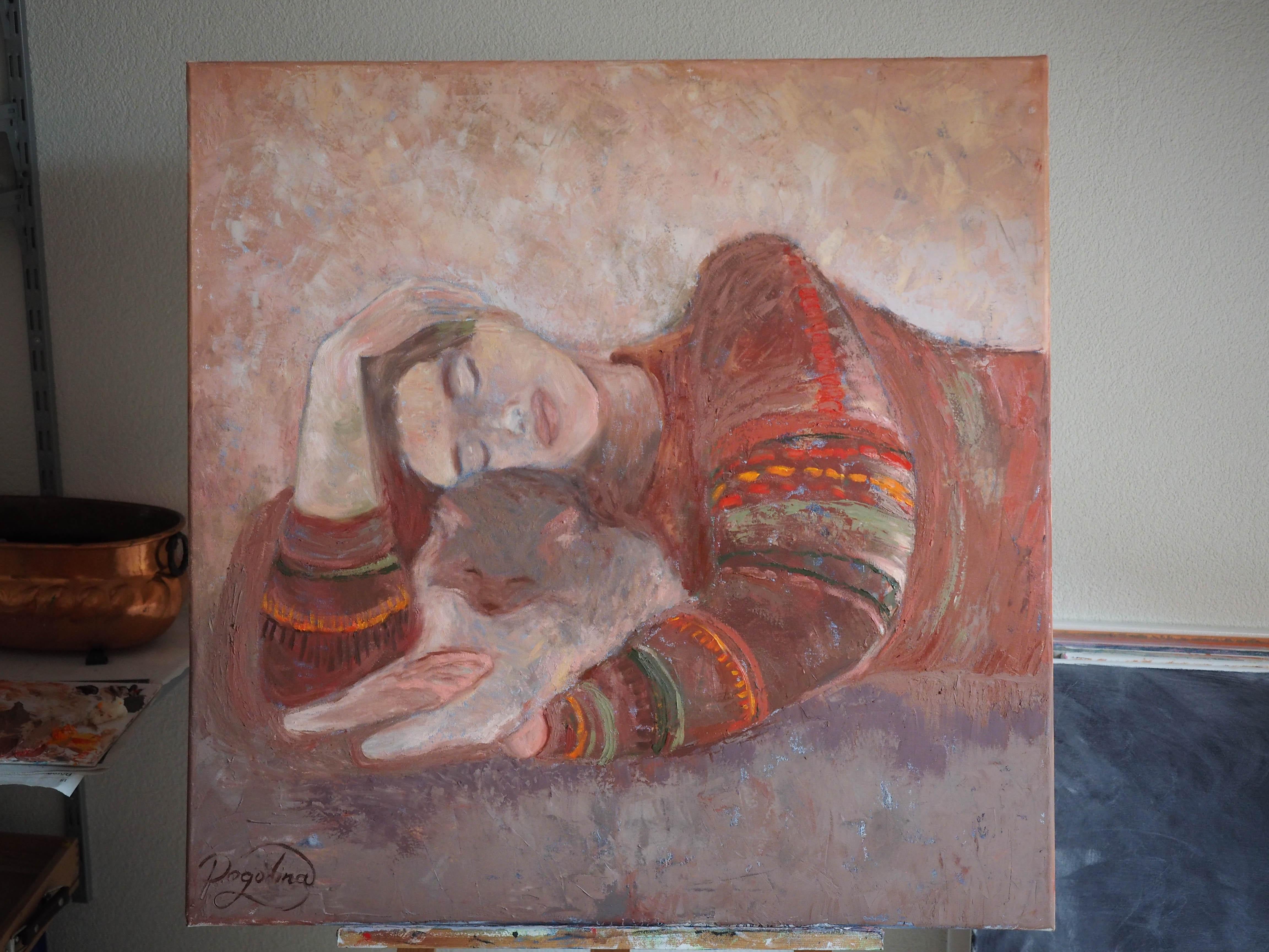 Fragilità Quadro originale con ragazza e gatto Dolce casa Arte rilassante 4