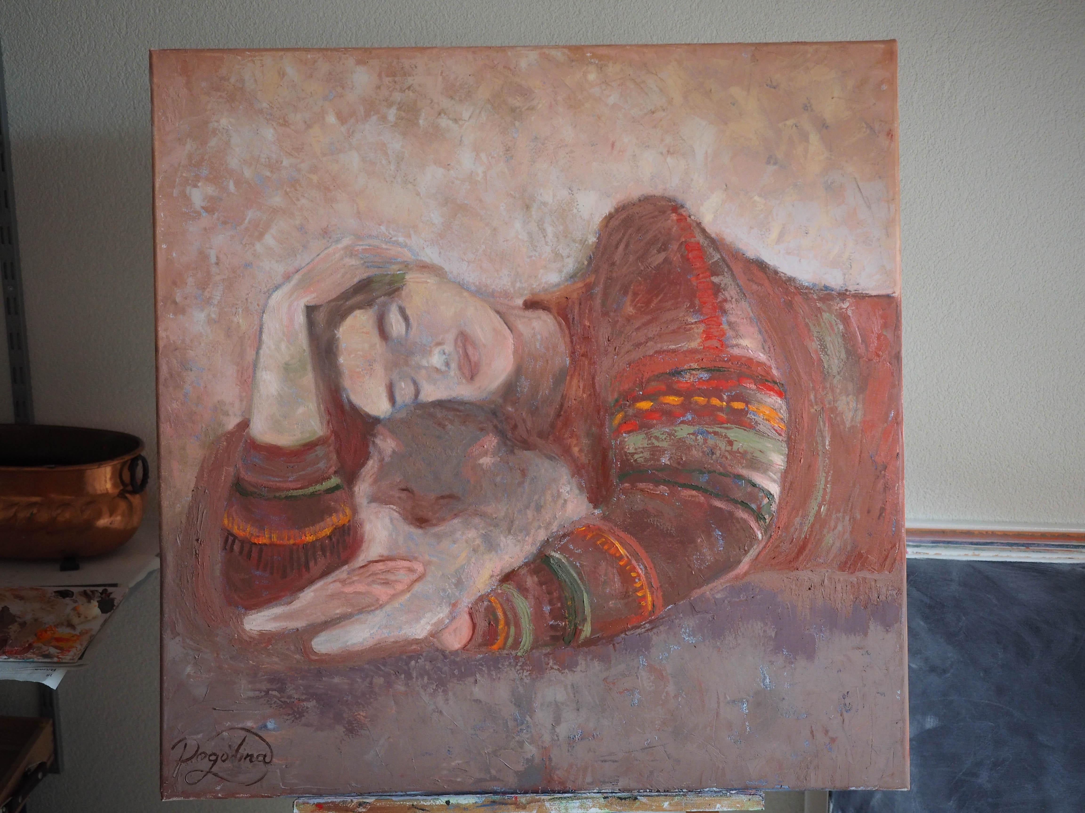Fragilità Quadro originale con ragazza e gatto Dolce casa Arte rilassante 3