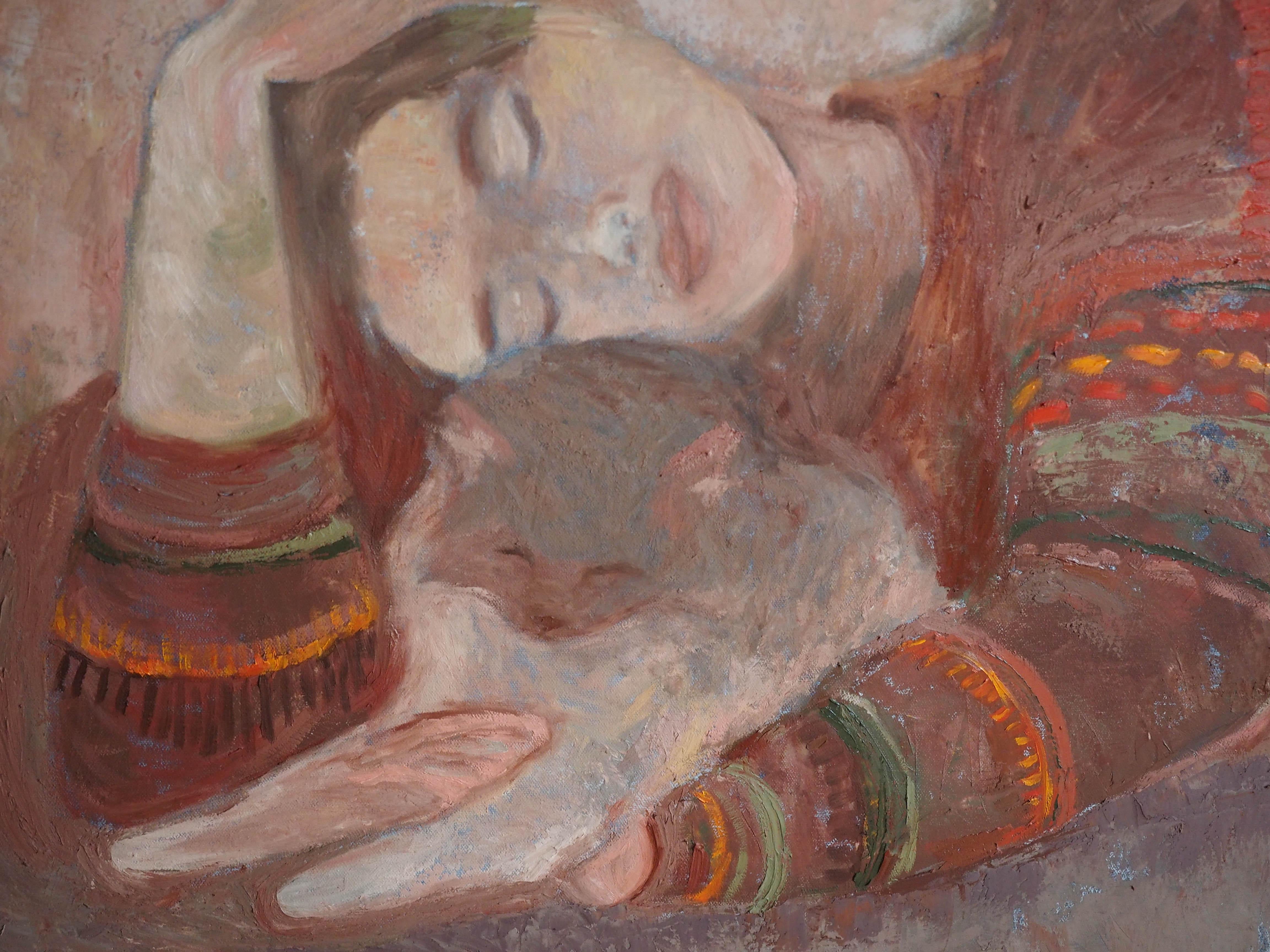 Fragilità Quadro originale con ragazza e gatto Dolce casa Arte rilassante 5