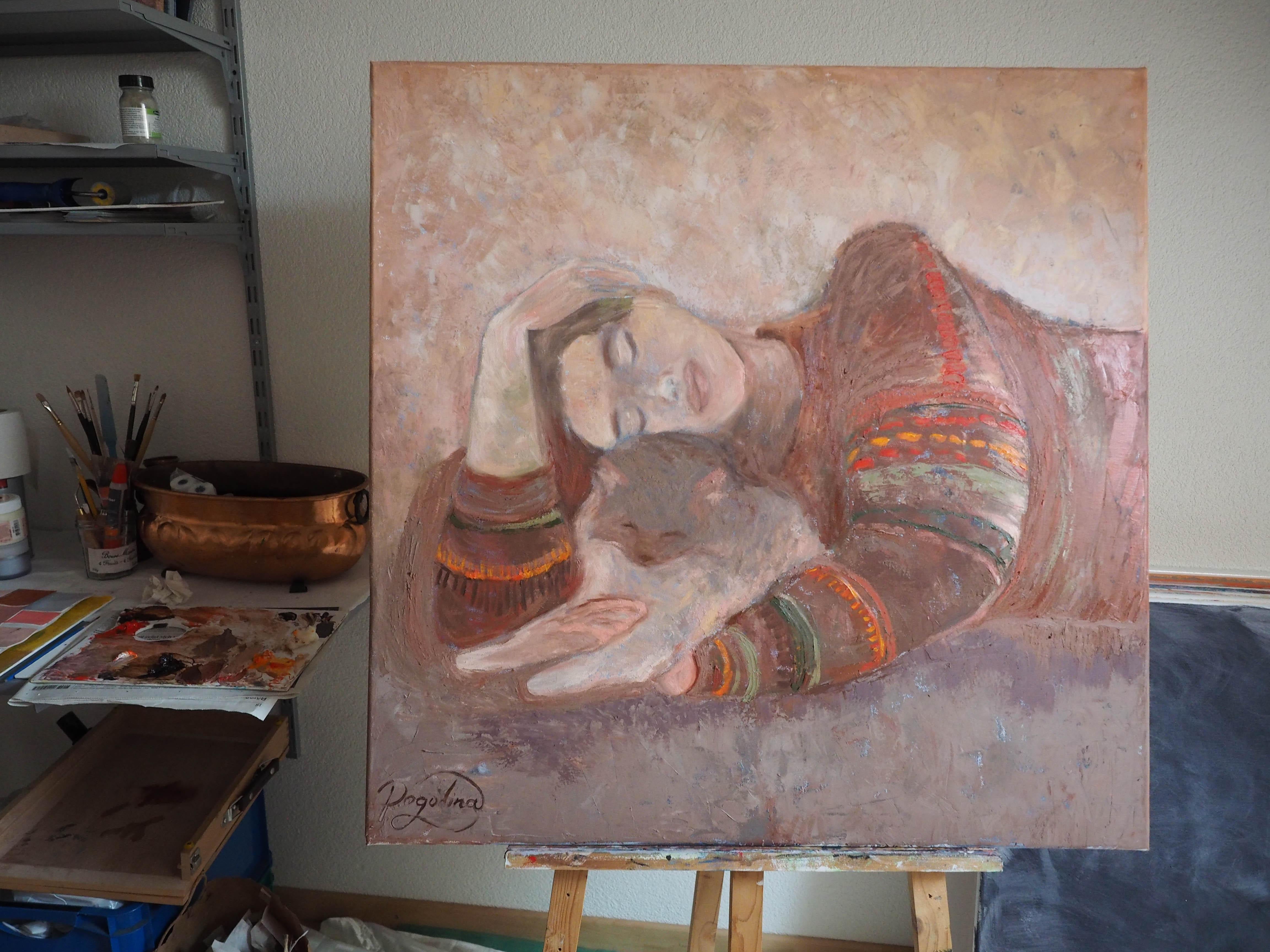 Fragilità Quadro originale con ragazza e gatto Dolce casa Arte rilassante 1