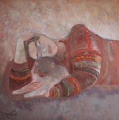 Fragility Original Gemälde mit Mädchen und Katze Sweet Home Relaxing Art