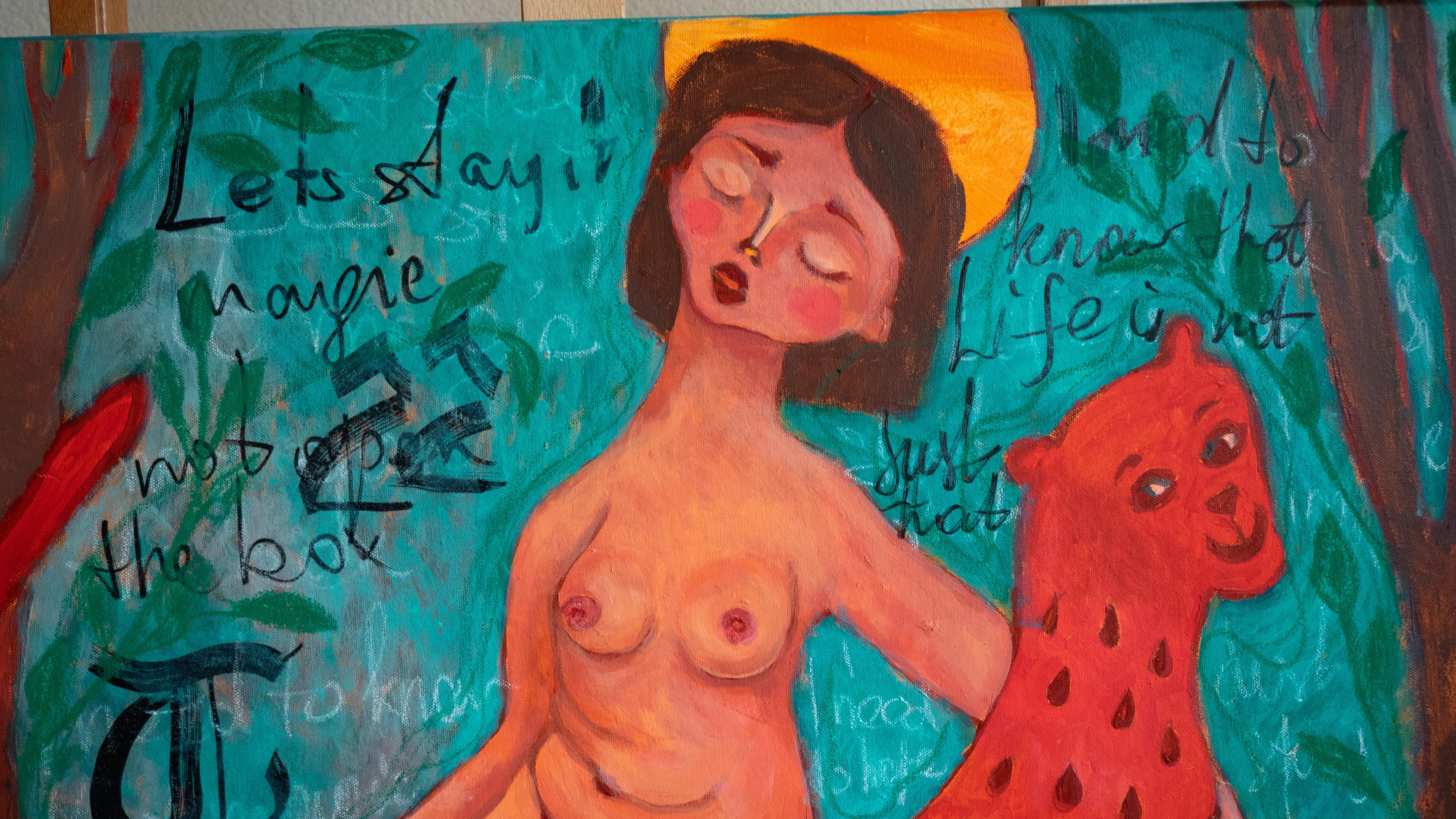 Ya no tengo miedo, colorido cuadro de Arte Naif Fiminista del artista ucraniano - Painting Contemporáneo de Dasha Pogodina