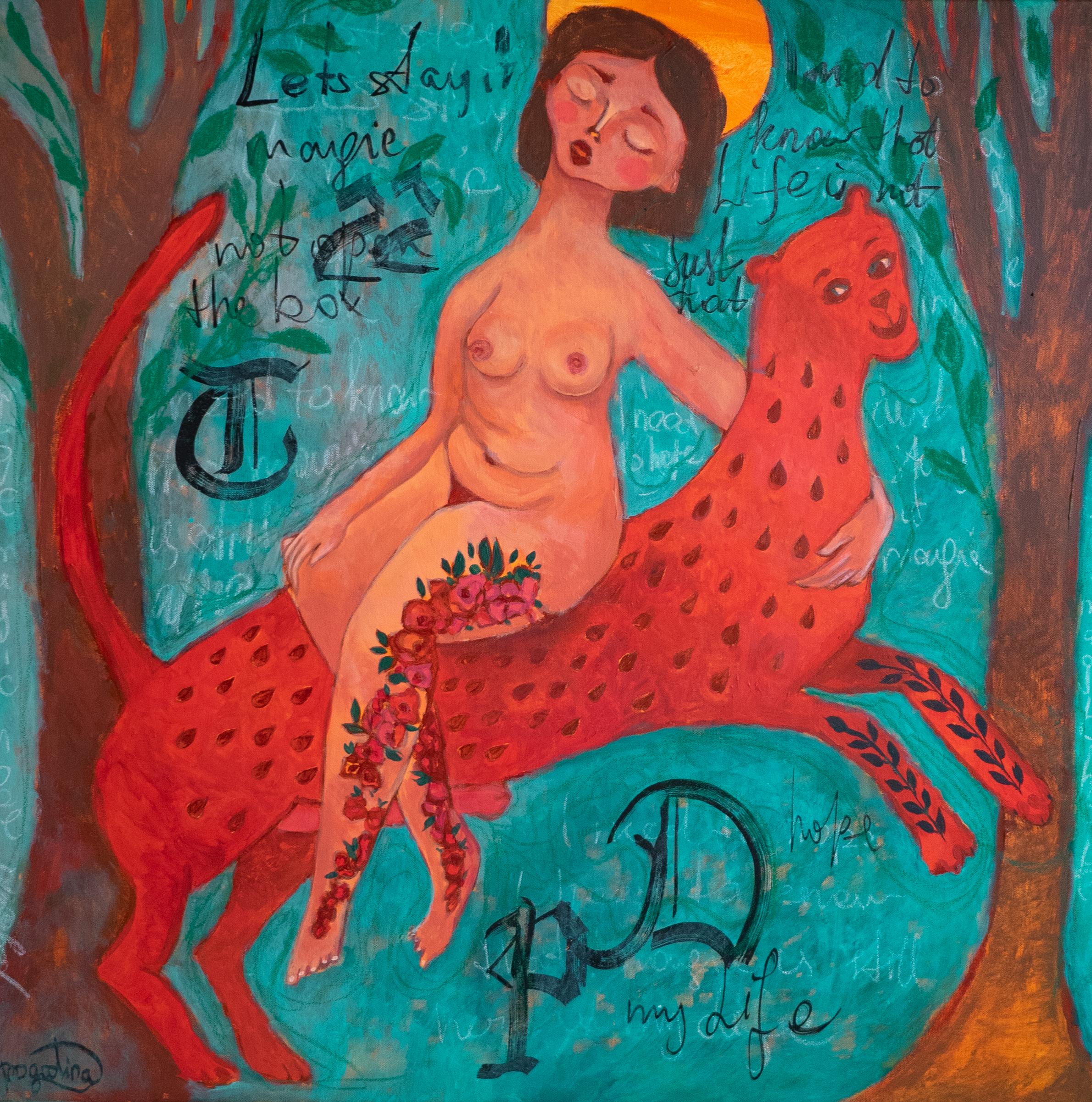 Dasha Pogodina Animal Painting - I not afraid anymore, Colorful Naive Art Fiminist painting by Ukranian artist