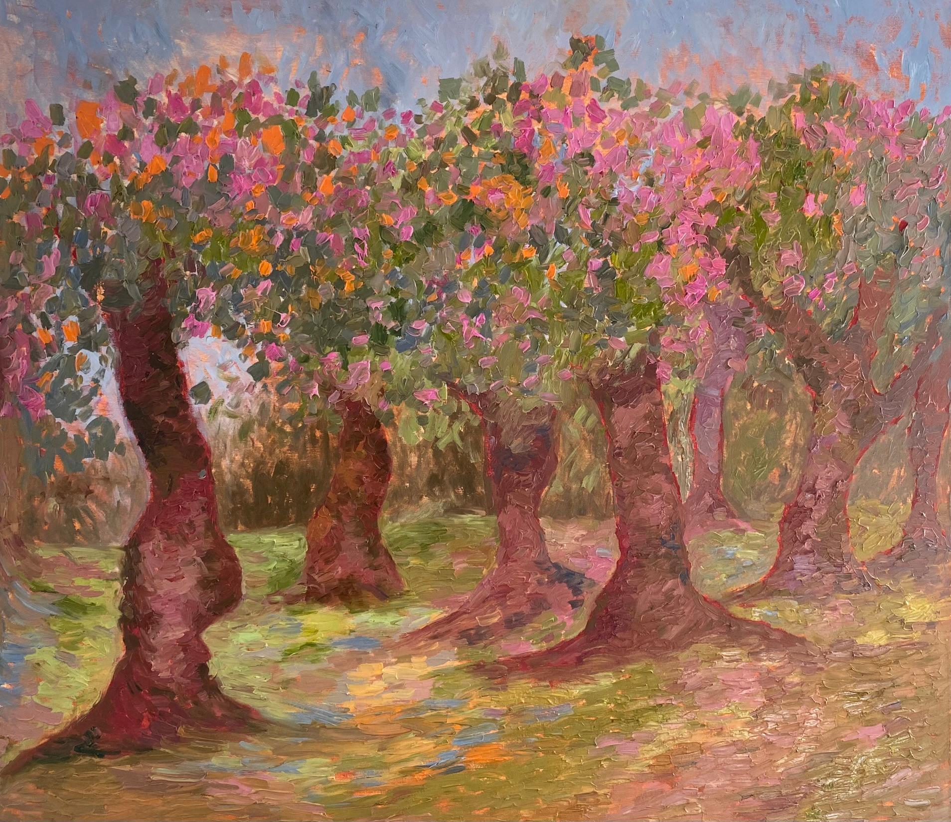 ABOUT THE ARTWORK

"Apples Garden" captures a moment of nature's effortless beauty. Here, the apple trees, adorned with a symphony of pink and orange blossoms, stand as sentinels of tranquility. The artist's use of robust, earthy reds for the trunks