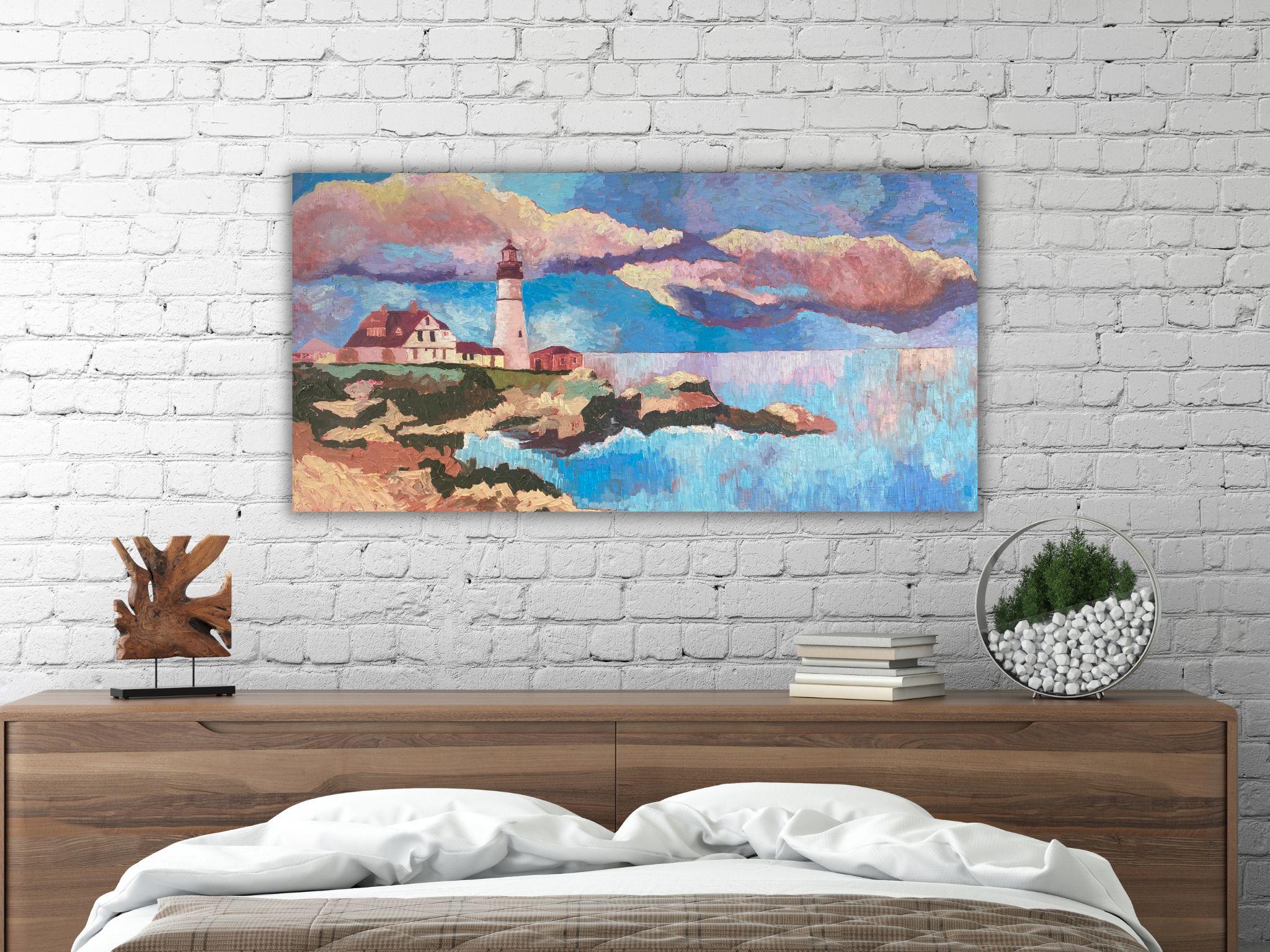 Pintura de Paisaje, Impasto Arte Moderno, lienzo, óleo  - 40x20in (100*50cm) - Figurative Painting Gris de Dasha Pogodina
