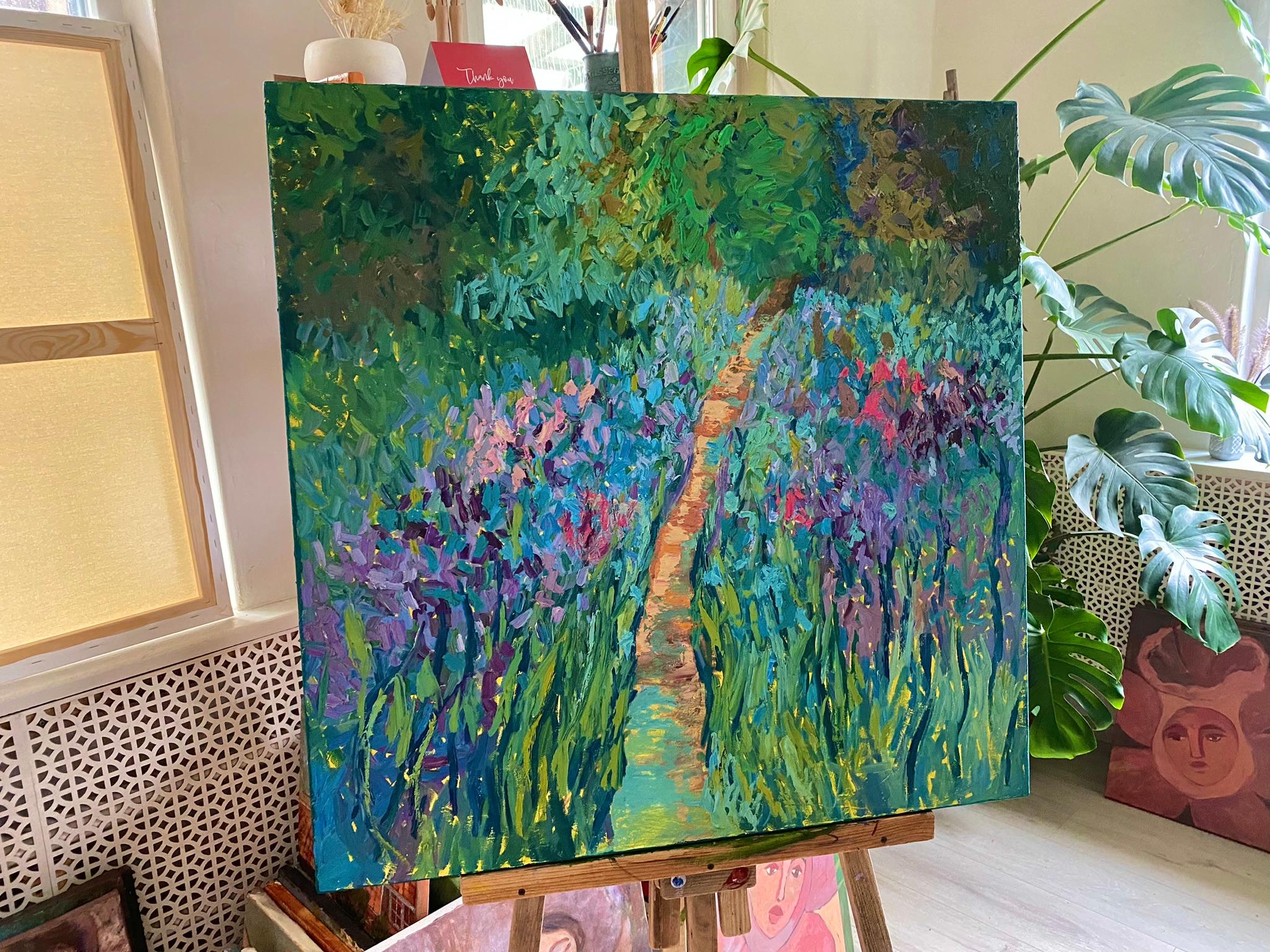 Landscape Painting, Impasto Modern Art, canvas, oil - Pleasure Garden - 35x35 in For Sale 6
