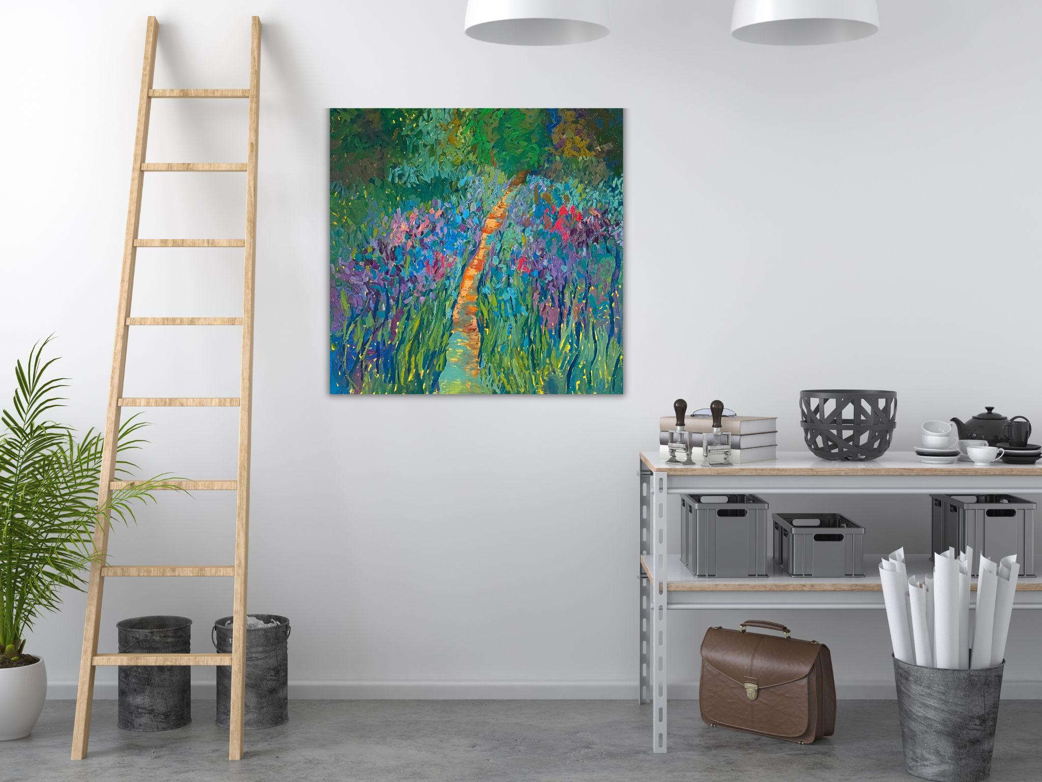 Landscape Painting, Impasto Modern Art, canvas, oil - Pleasure Garden - 35x35 in For Sale 9