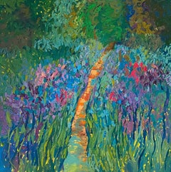 Used Landscape Painting, Impasto Modern Art, canvas, oil - Pleasure Garden - 35x35 in