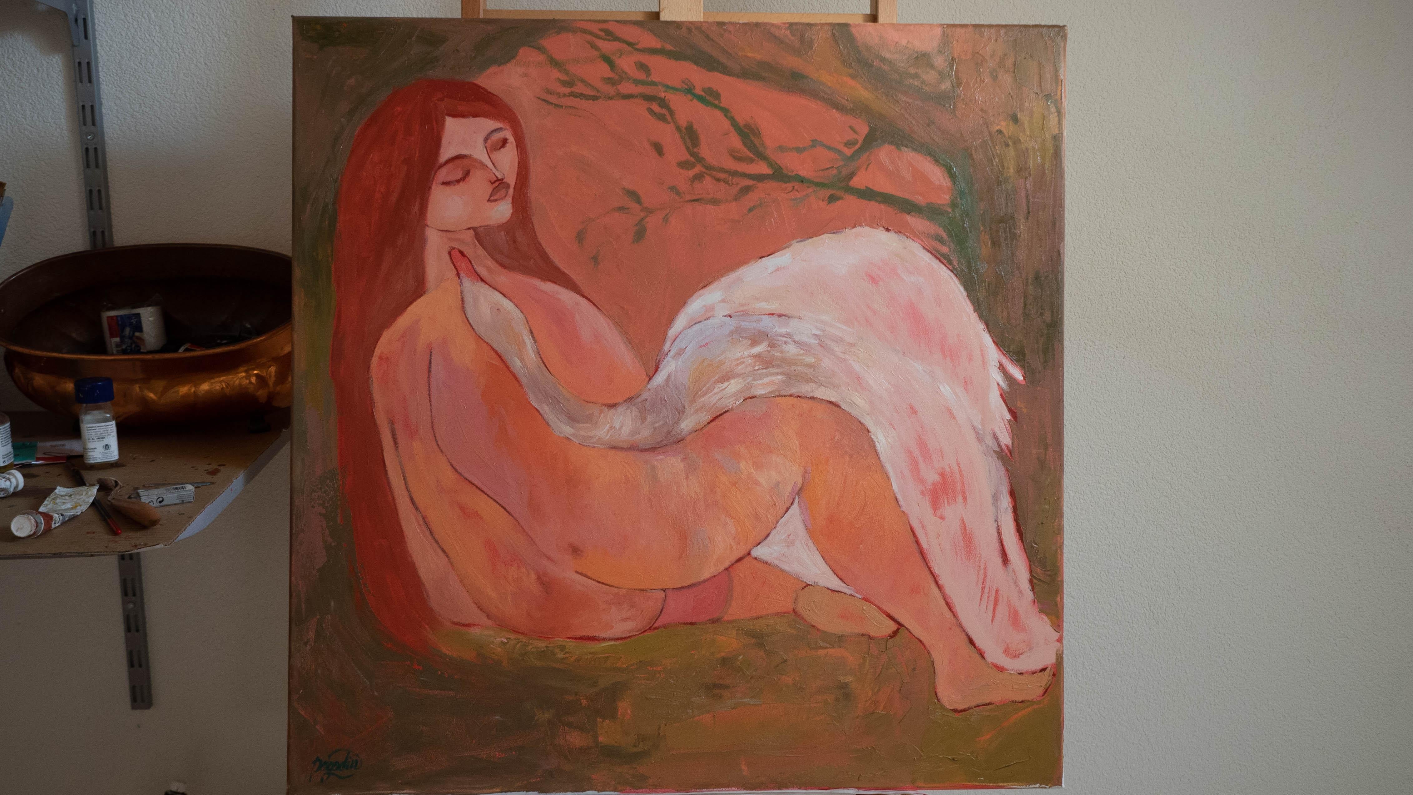 Leda and Swan. Inspired by Greek Mythology Symbolist Art Oil Painting 80x80cm For Sale 1