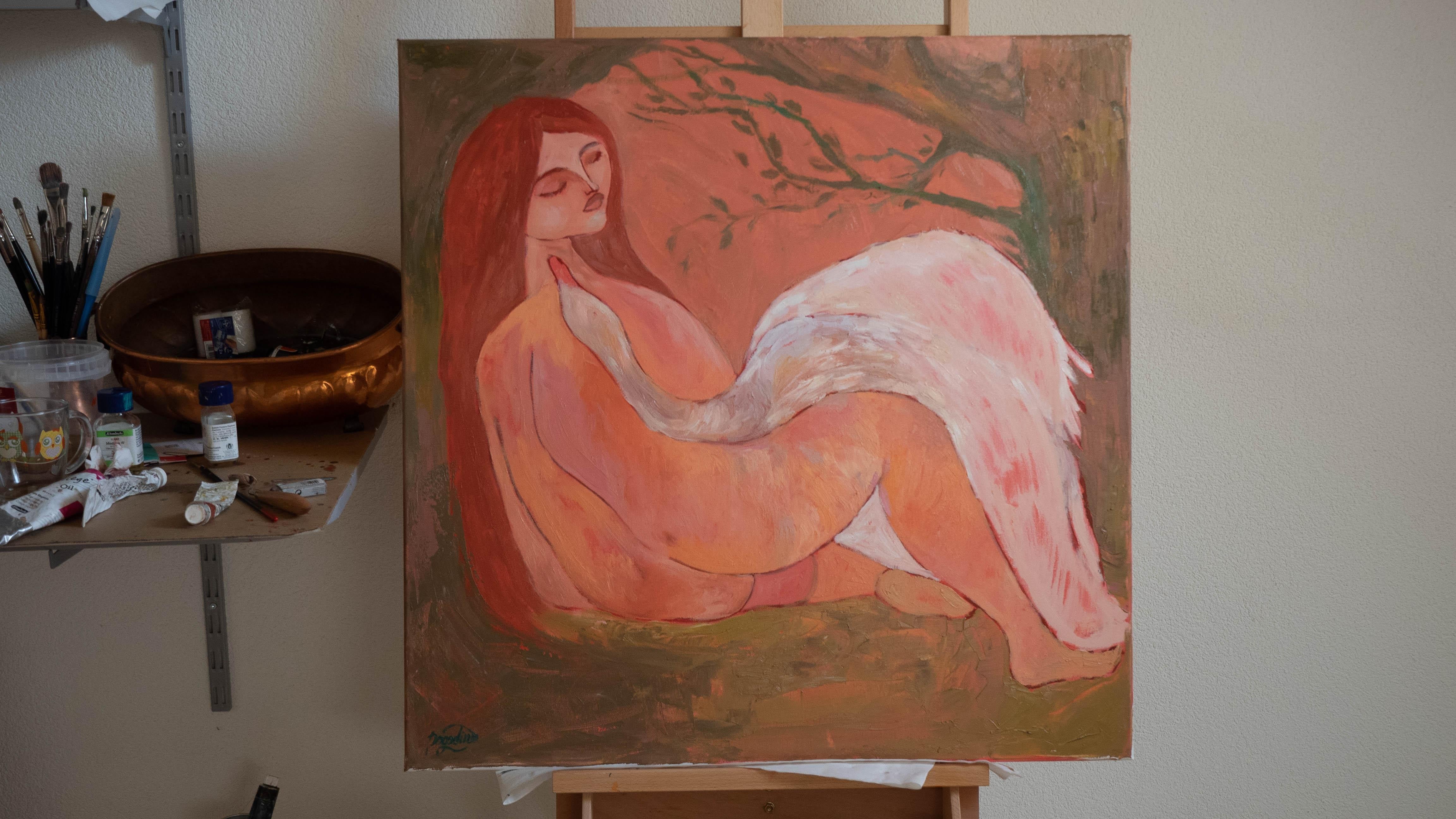 Leda and Swan. Inspired by Greek Mythology Symbolist Art Oil Painting 80x80cm For Sale 8