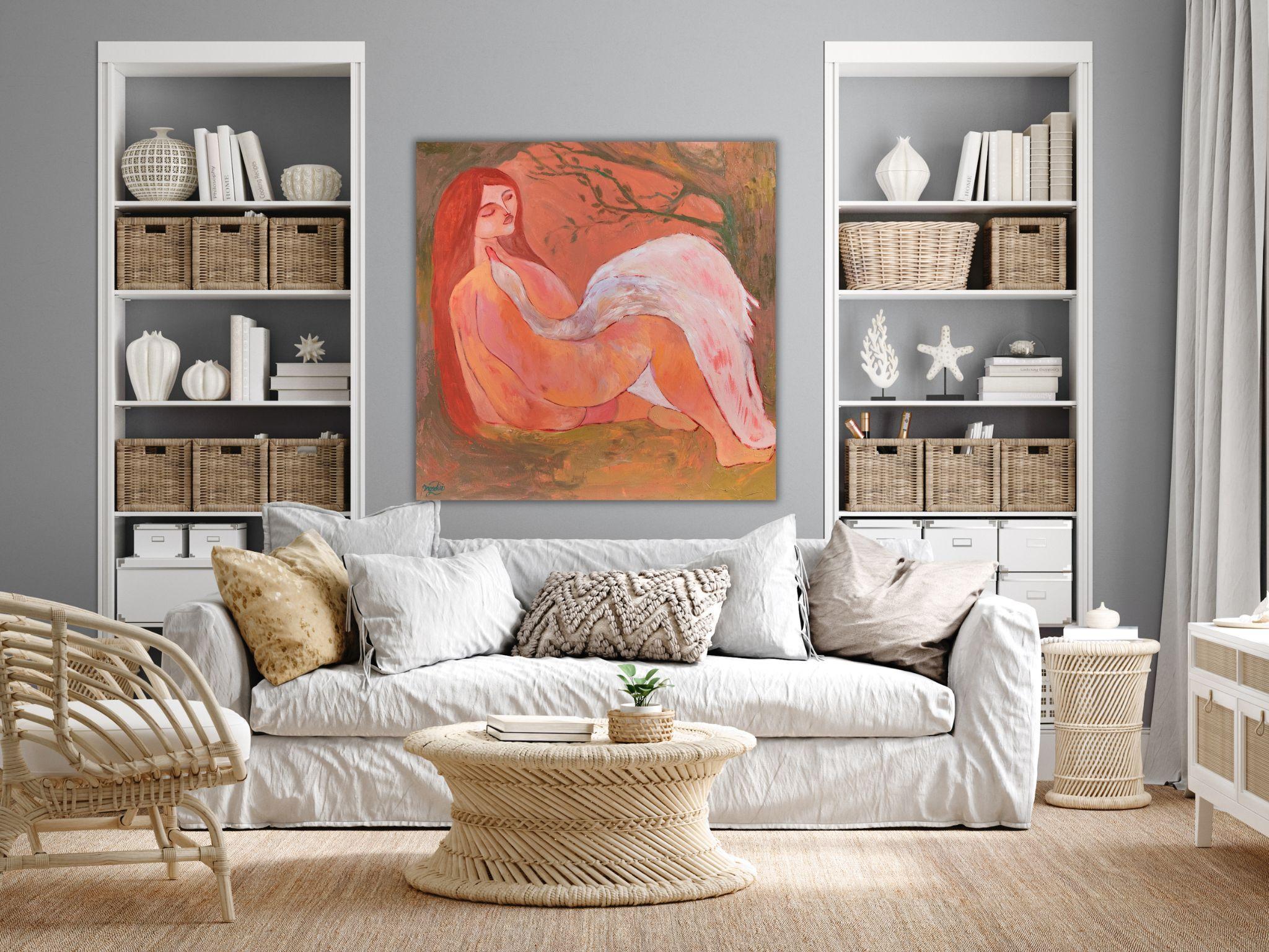 Leda and Swan. Inspired by Greek Mythology Symbolist Art Oil Painting 80x80cm For Sale 9
