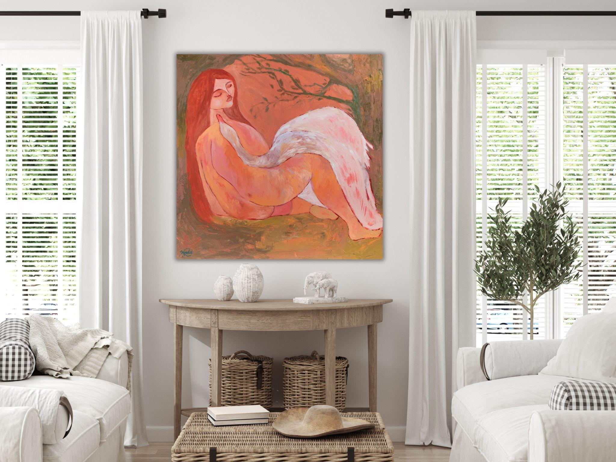 Leda and Swan. Inspired by Greek Mythology Symbolist Art Oil Painting 80x80cm For Sale 11