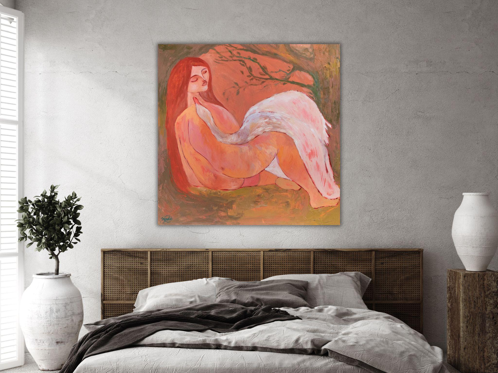 Leda and Swan. Inspired by Greek Mythology Symbolist Art Oil Painting 80x80cm For Sale 11