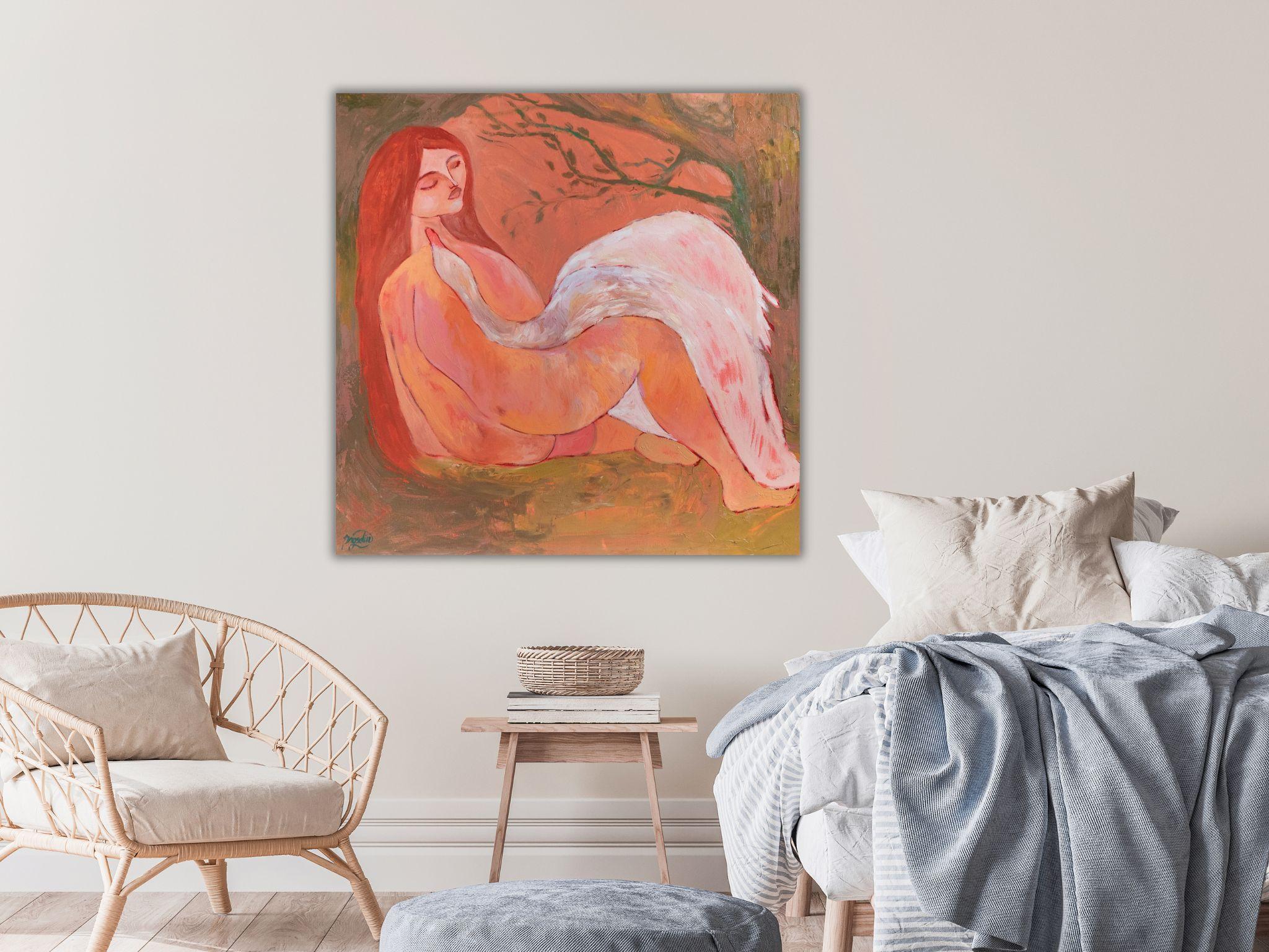 Leda and Swan. Inspired by Greek Mythology Symbolist Art Oil Painting 80x80cm For Sale 13