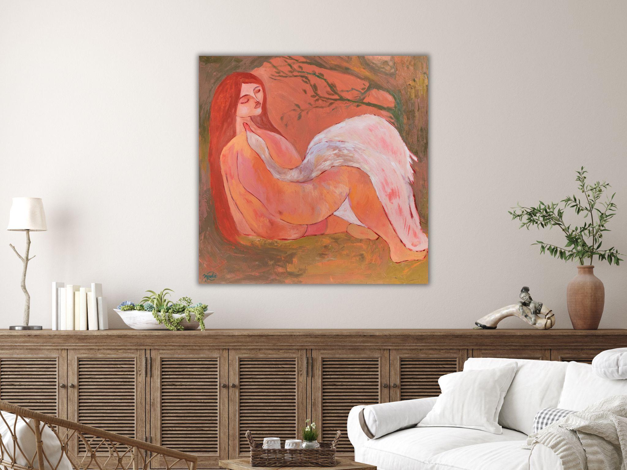 Leda and Swan. Inspired by Greek Mythology Symbolist Art Oil Painting 80x80cm For Sale 13